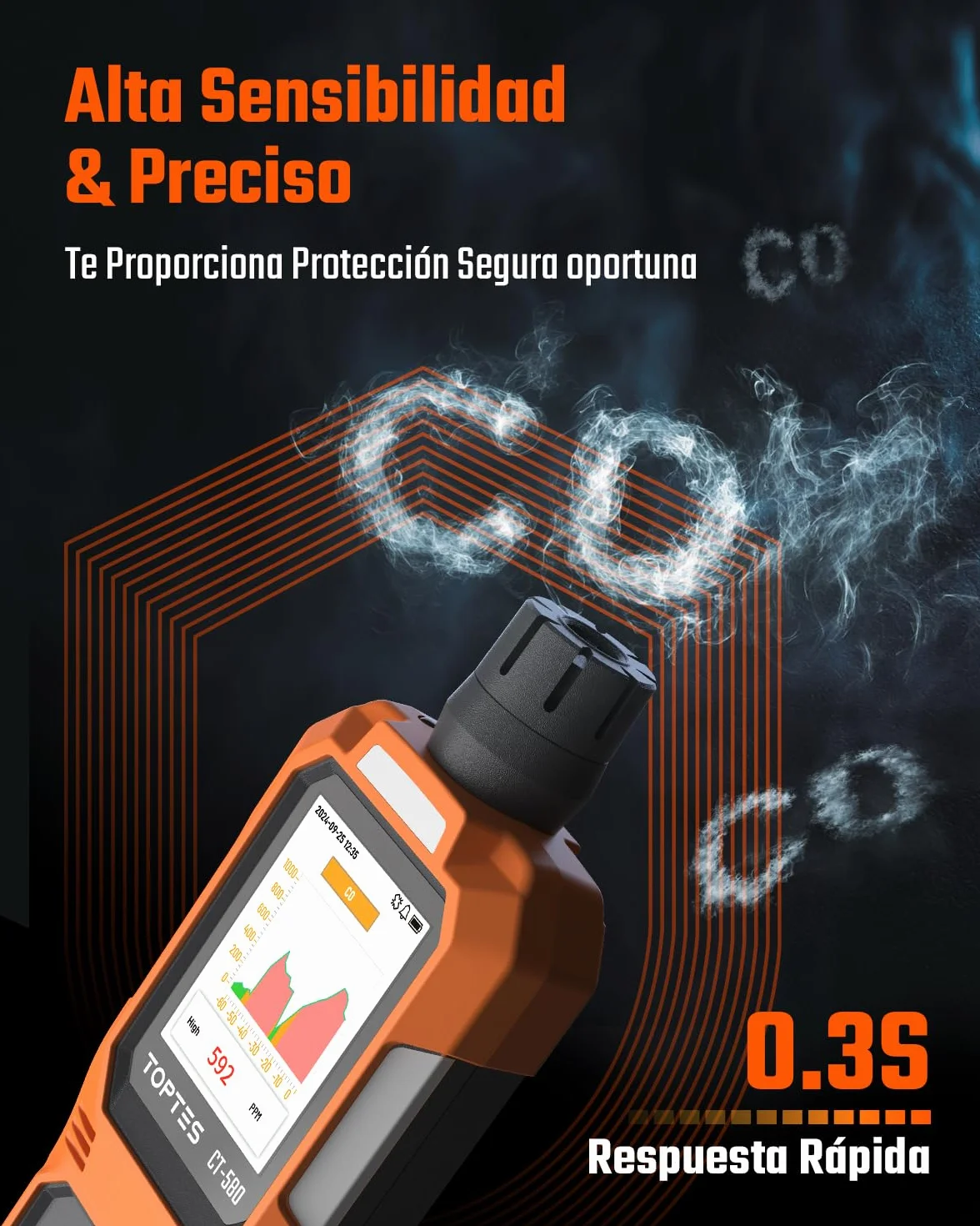 TOPTES CT-580 Detector de monóxido de Carbono, Detector de CO Recargable con alarmas por vibración, visuales y audibles, Alarma CO portátil, 0-1000PPM para el hogar, Coche, Camping y Viajes