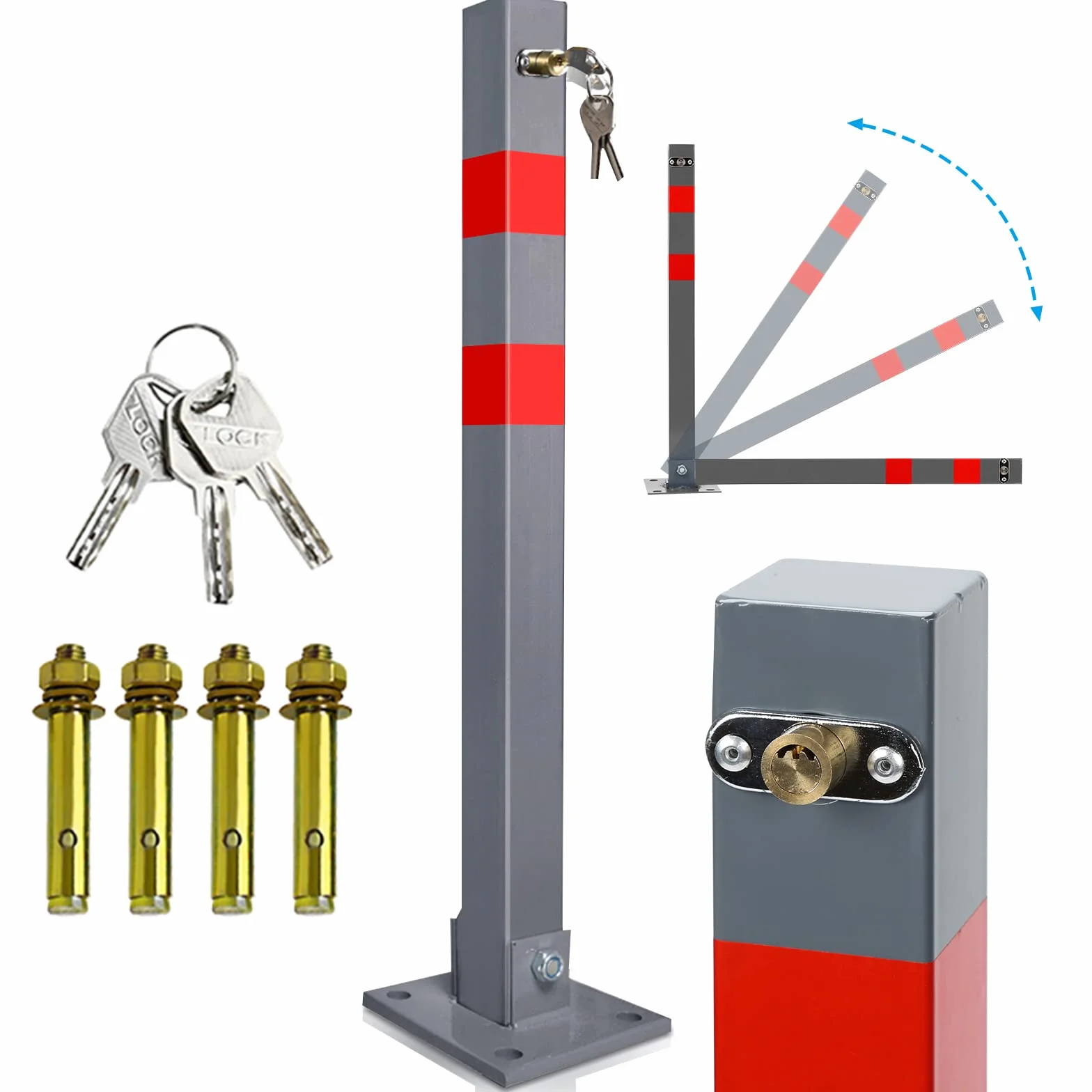 Postes de aparcamiento plegable, barrera de aparcamiento, bolardos de color de señal, 3 llaves, acero resistente, soporte estable, 1 pack