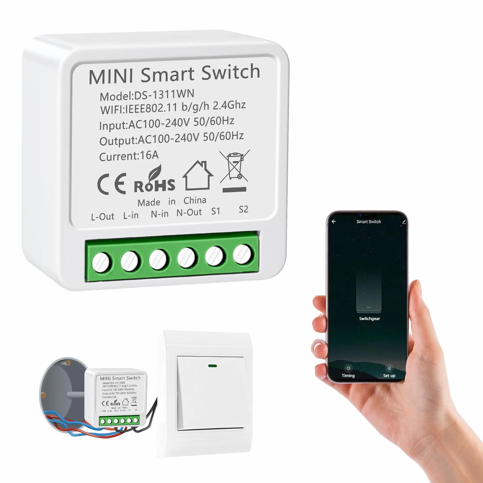 1PC Interruptor de Luz Inteligente WIFI, Alexa Interruptor Inteligente Módulo, Mini Smart Switch WIFI Compatible con Alexa,Tuya y Smart Life, Requiere Conductor Neutro