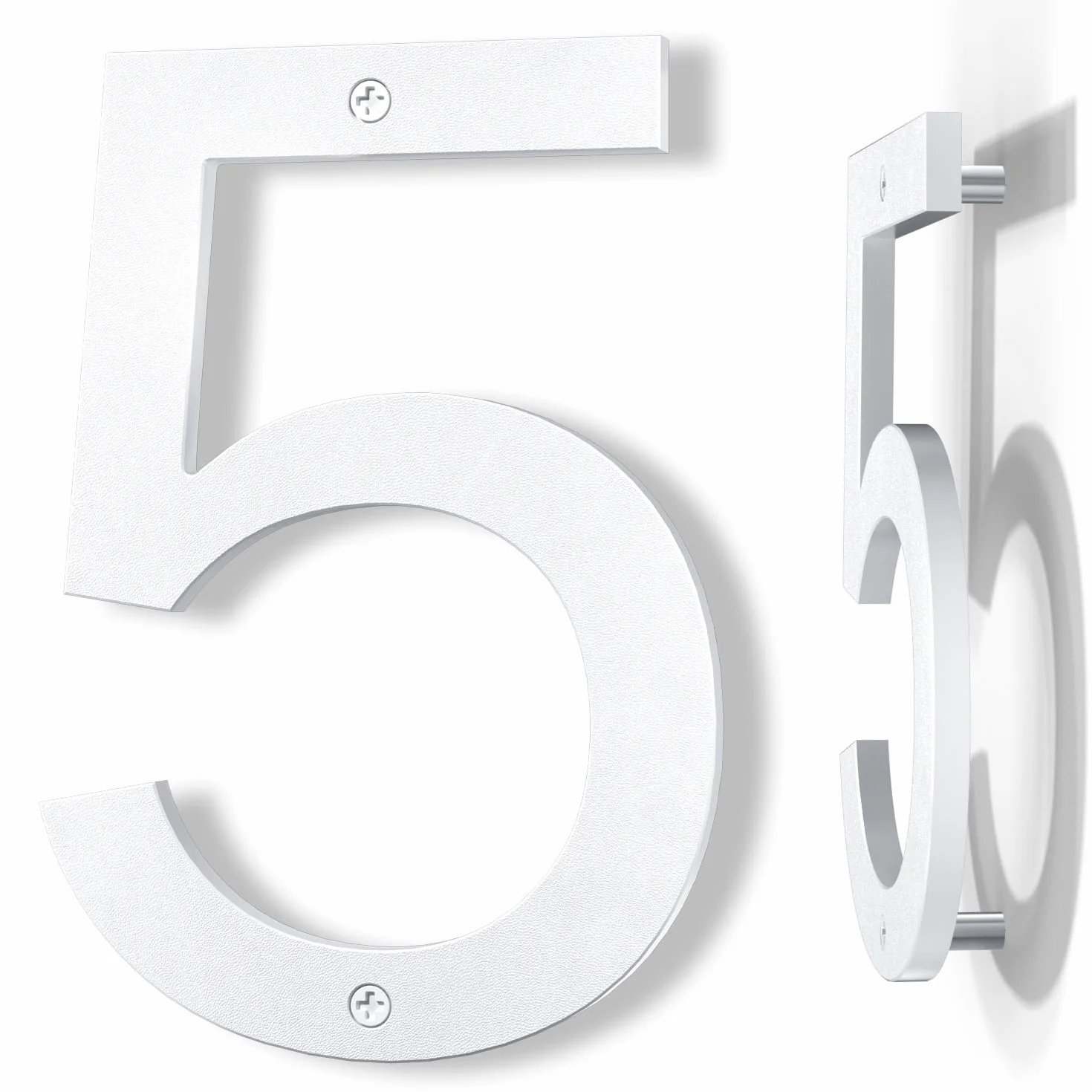 Número de casa exterior 20 cm blanco, Número grande para pared o valla con diseño moderno y efecto flotante 3D, plástico ABS resistente al clima (5)