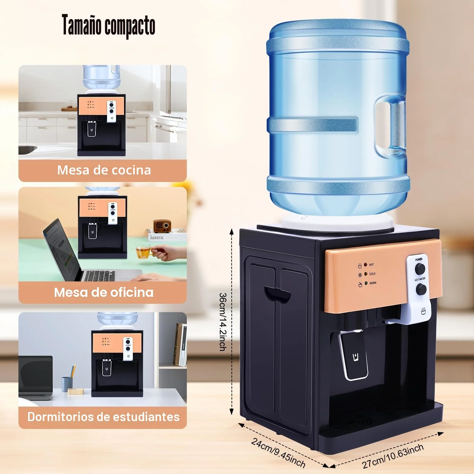 Fuente de agua caliente y fría eléctrica, dispensador de agua de mesa para oficina y cocina, acero inoxidable alimentario, calentamiento rápido 95°C, refrigeración 8°C, té, leche, café, compacto