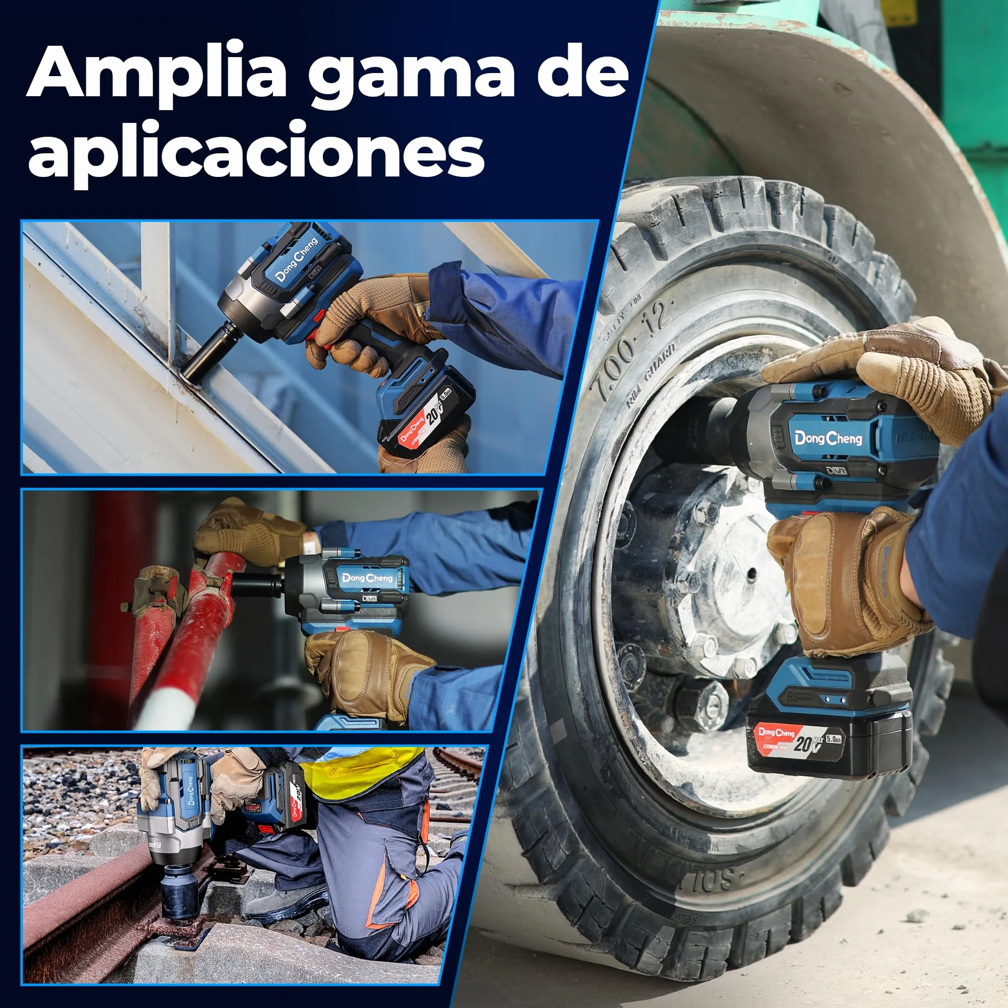 Dong Cheng Llave de impacto a batería sin escobillas 1/2", 1700 Nm, 3 vel (0-1900rpm), 2 bat 5Ah + cargador rápido + 3 dados + maletín. Para coches, camiones y maquinaria pesada