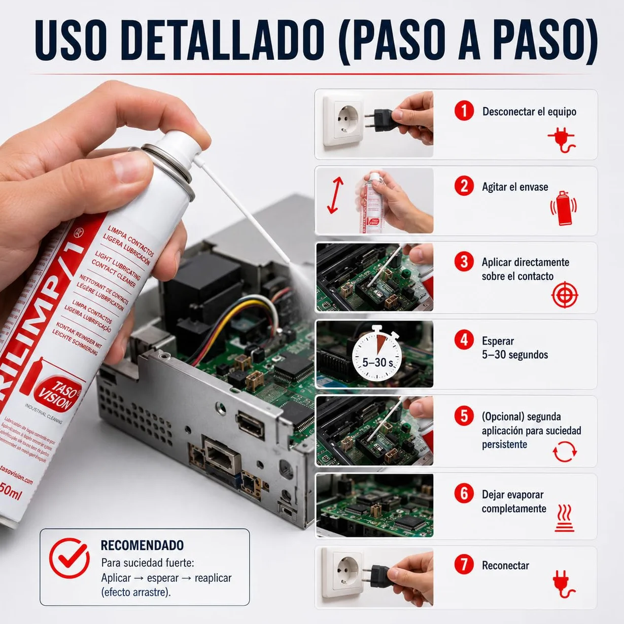 CABLEPELADO Spray Limpia Contactos Profesional 250 ml – Limpieza y Lubricación Ligera para Circuitos y Equipos Electrónicos – Secado Rápido – Lubrilimp (Residuo 1)