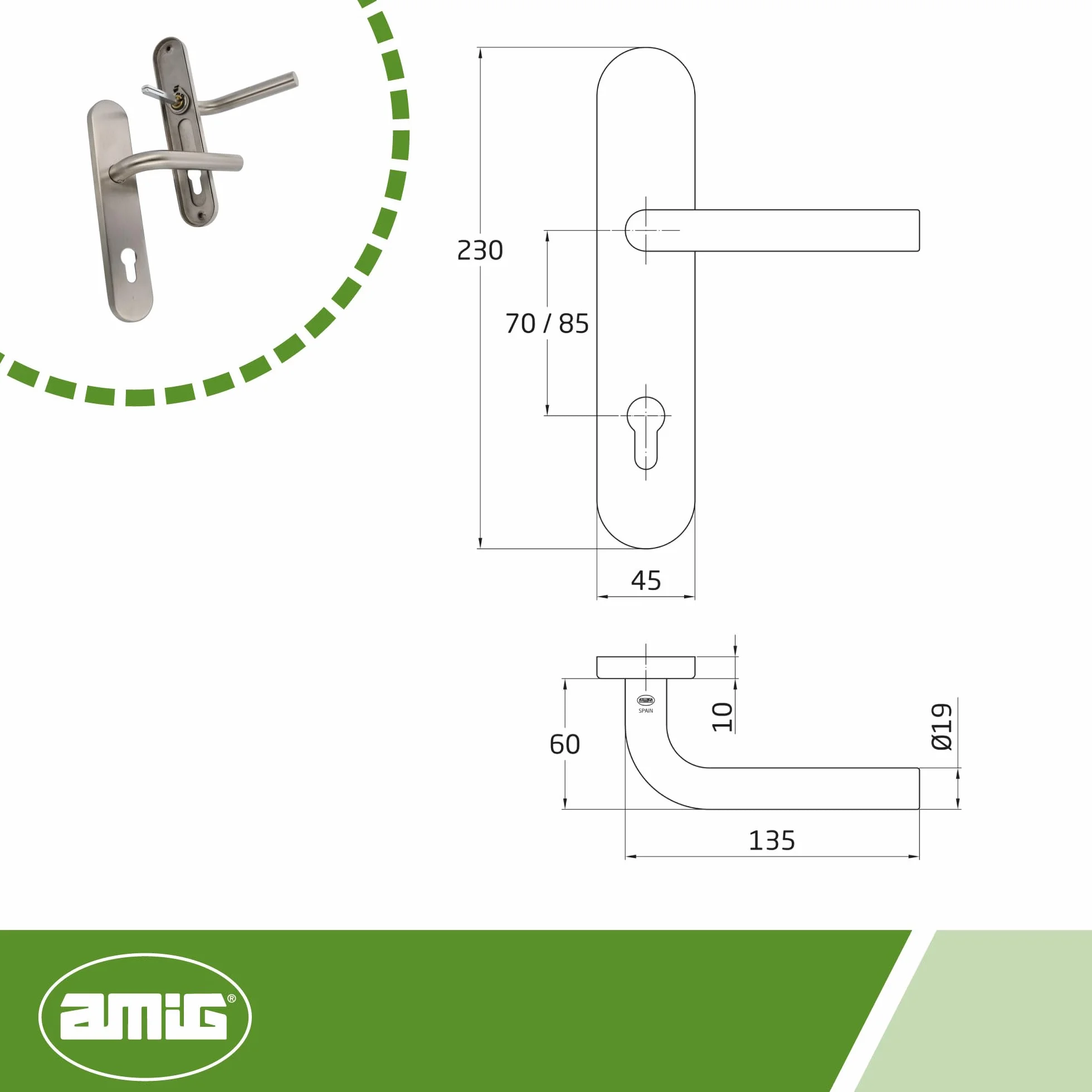 Amig - Juego de Manillas con Placa para puerta - Maneta con Bocallave - Mod. 4PXB - Acero inoxidable 18/8-230 x 45 mm - Cuadradillo de 8 mm - Plateado mate