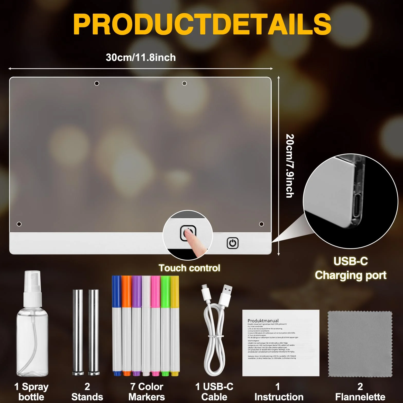 Tablero Acrílico Luminoso LED 30x20cm 7 Colores Bolígrafo Soporte Ajustable