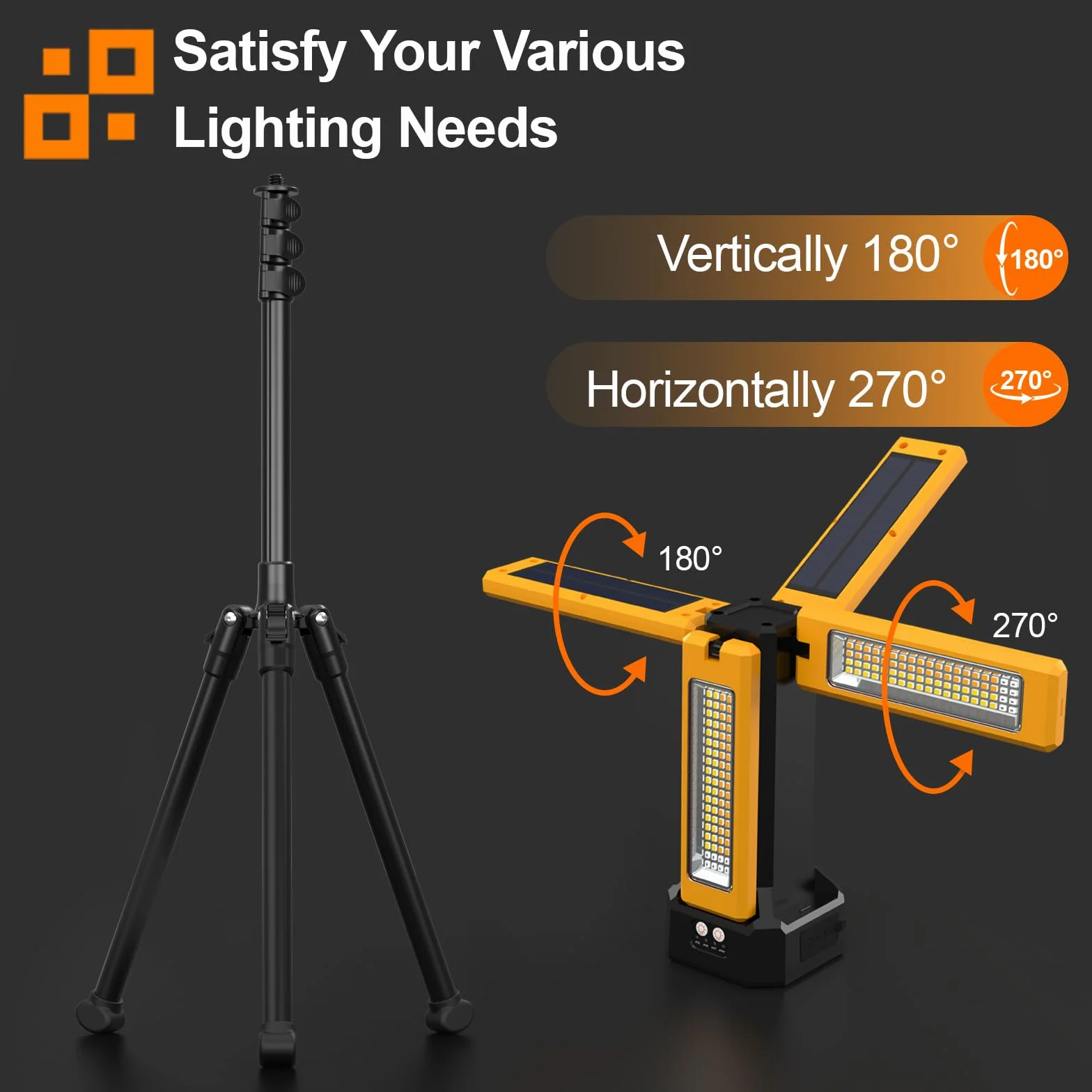Foco de Construcción LED con Batería Solar con Trípode, Batería de 13200 mAh de Capacidad, Foco Recargable de Trabajo 8000 Lúmenes, Para Obras de Camping, Estudio (Naranja)