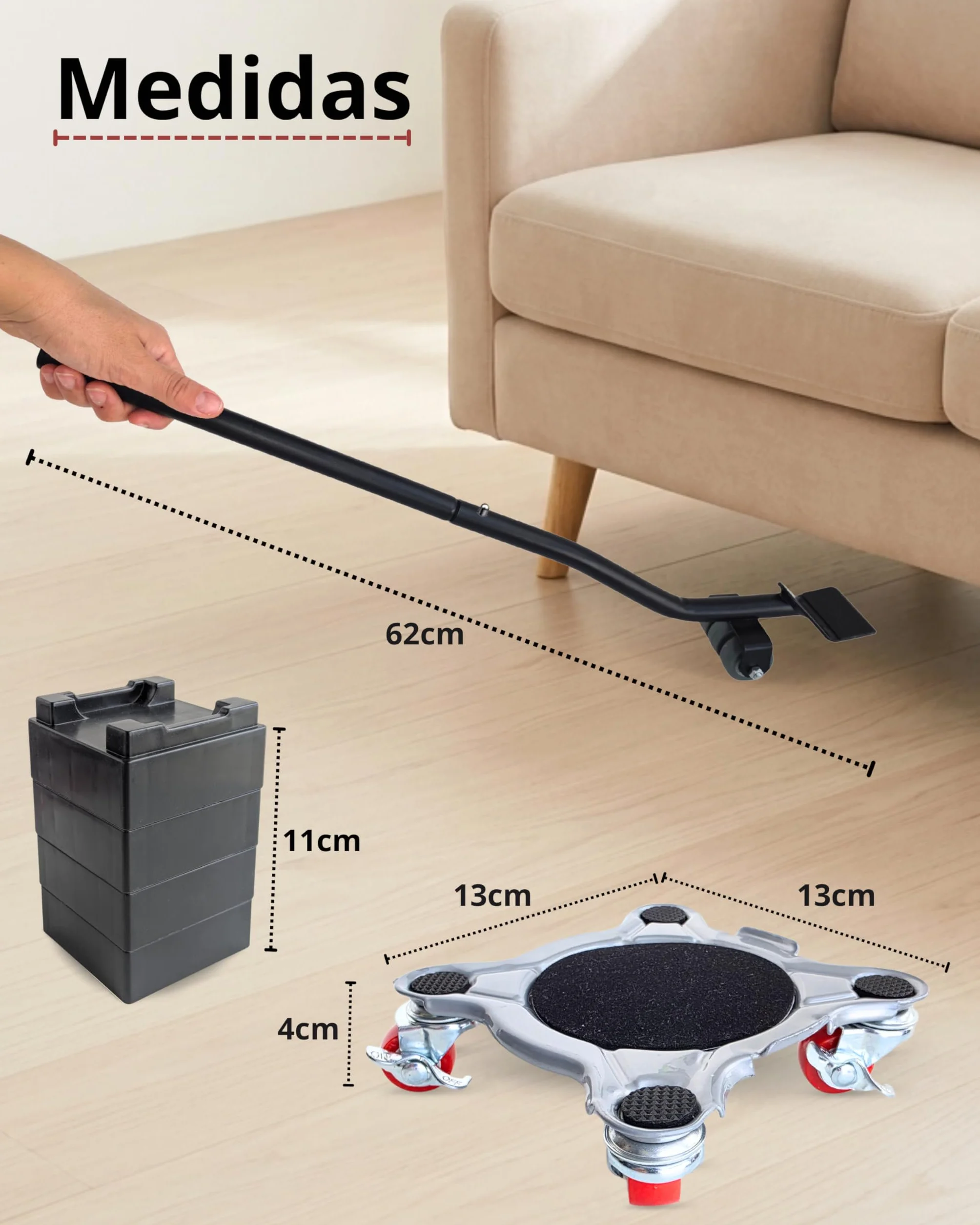 Kit para Mover Muebles Pesados | 4 Plataformas Acero Reforzado con 5 Ruedas 360° y 2 Frenos | Palanca Elevadora Extensible | hasta 800 kg | Protege Parquet y Suelo