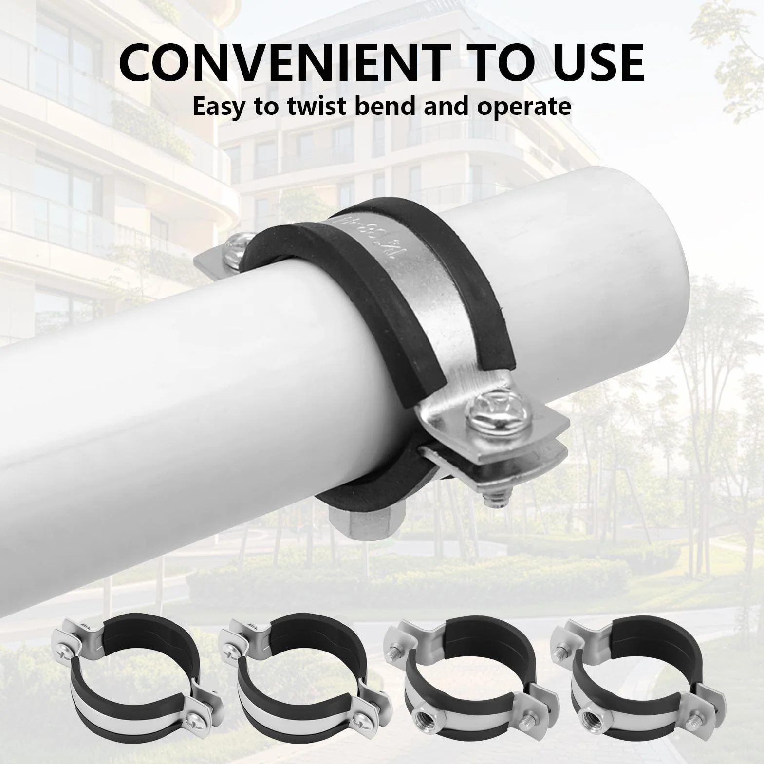 Clip de tubería, con inserciones de goma, con un diámetro ajustable de 40 - 43 mm / 1 1 / 4 ", muy adecuado para proyectos de instalación y decoración de tuberías, con 4 soportes metálicos disponibles
