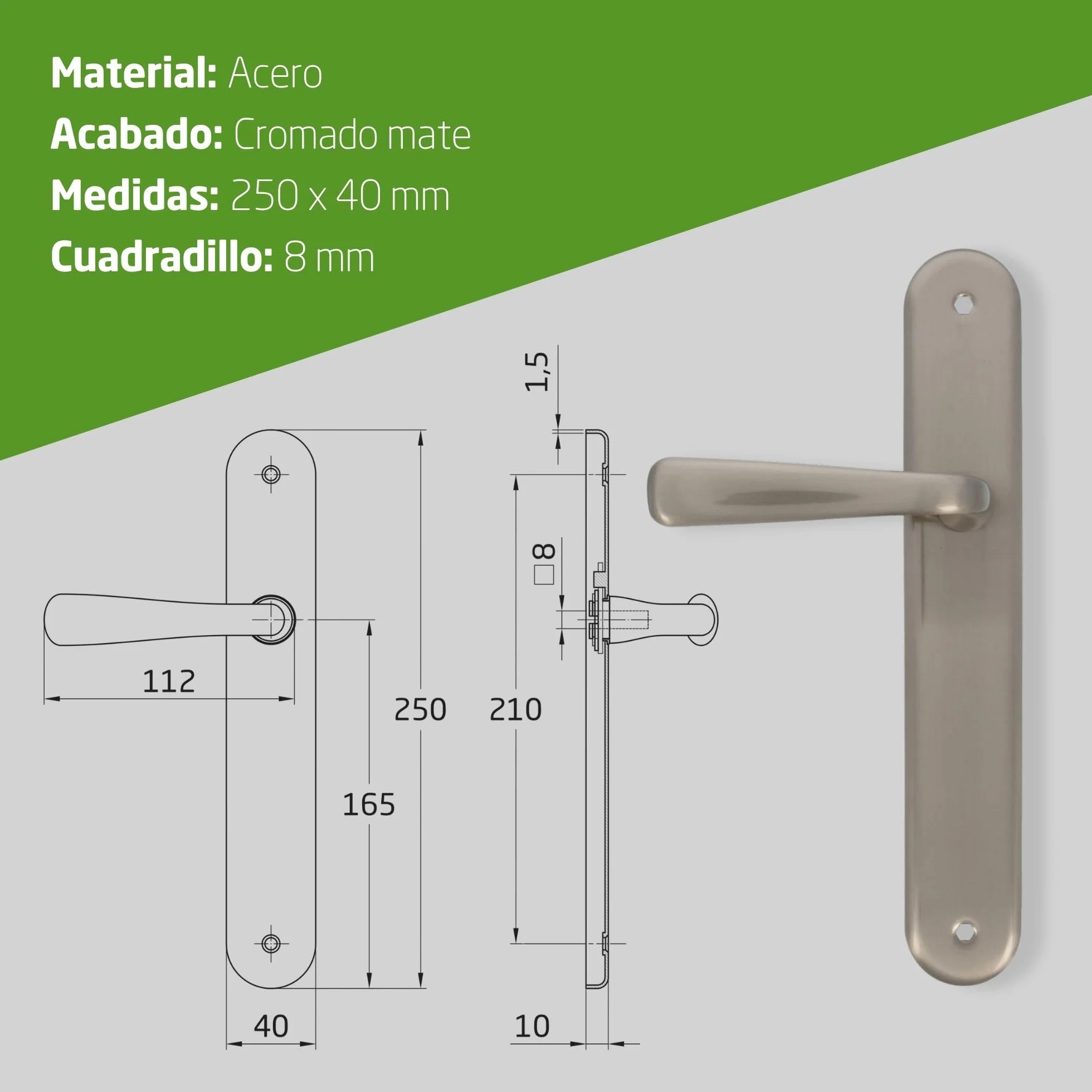 Amig - Juego de Manillas de Placa de Latón, Modelo 252P, Medida: 250 X 40 mm, Cuadradillo de 8 mm, Incluye tornillería, Acabado: Cromado mate