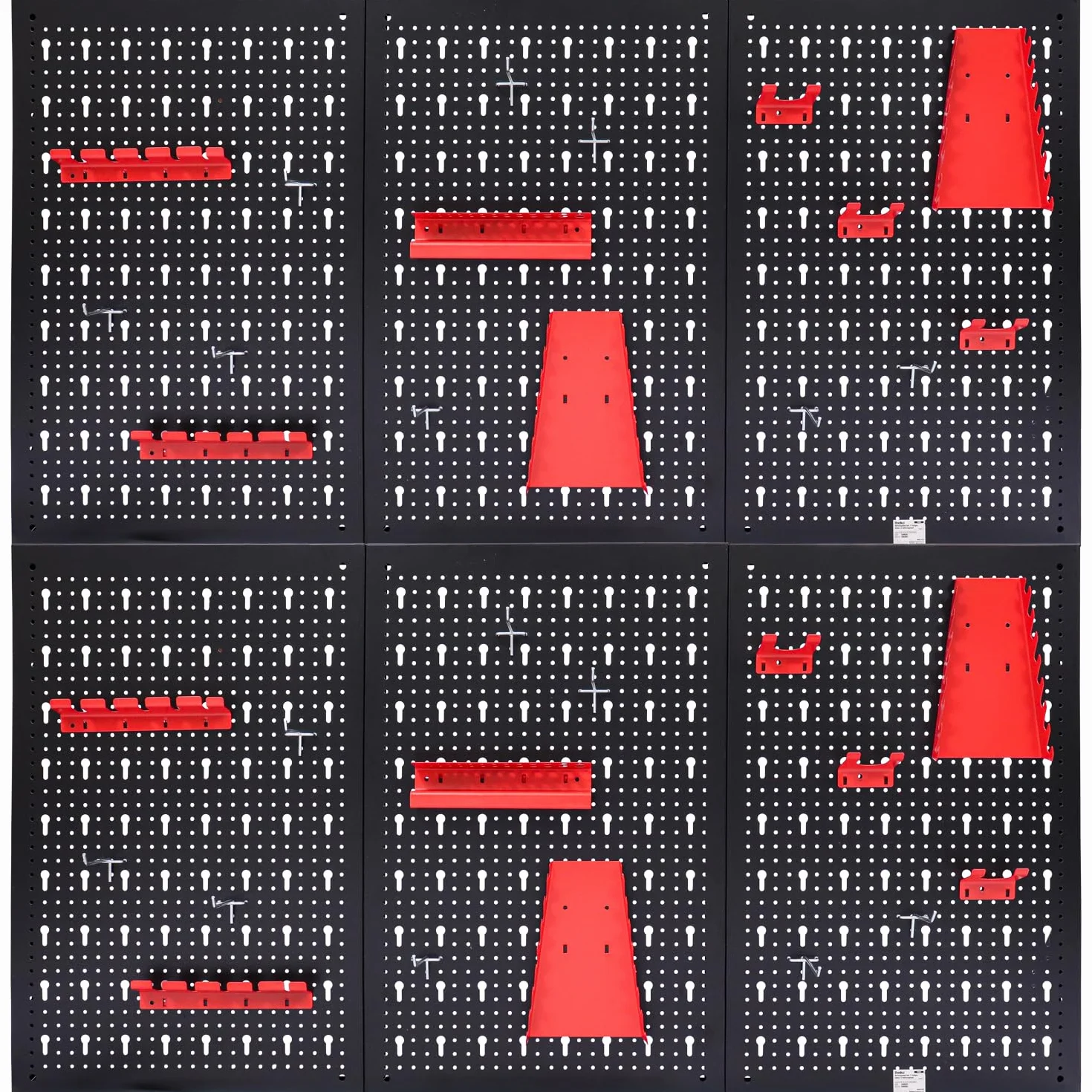 Belko® Juego de 2 paneles de herramientas de color rojo, 120 x 60 cm cada uno (combinable a 240 x 60 cm o 120 x 120 cm), incluye juego de 34 piezas de ganchos y estanterías, soporte organizador de
