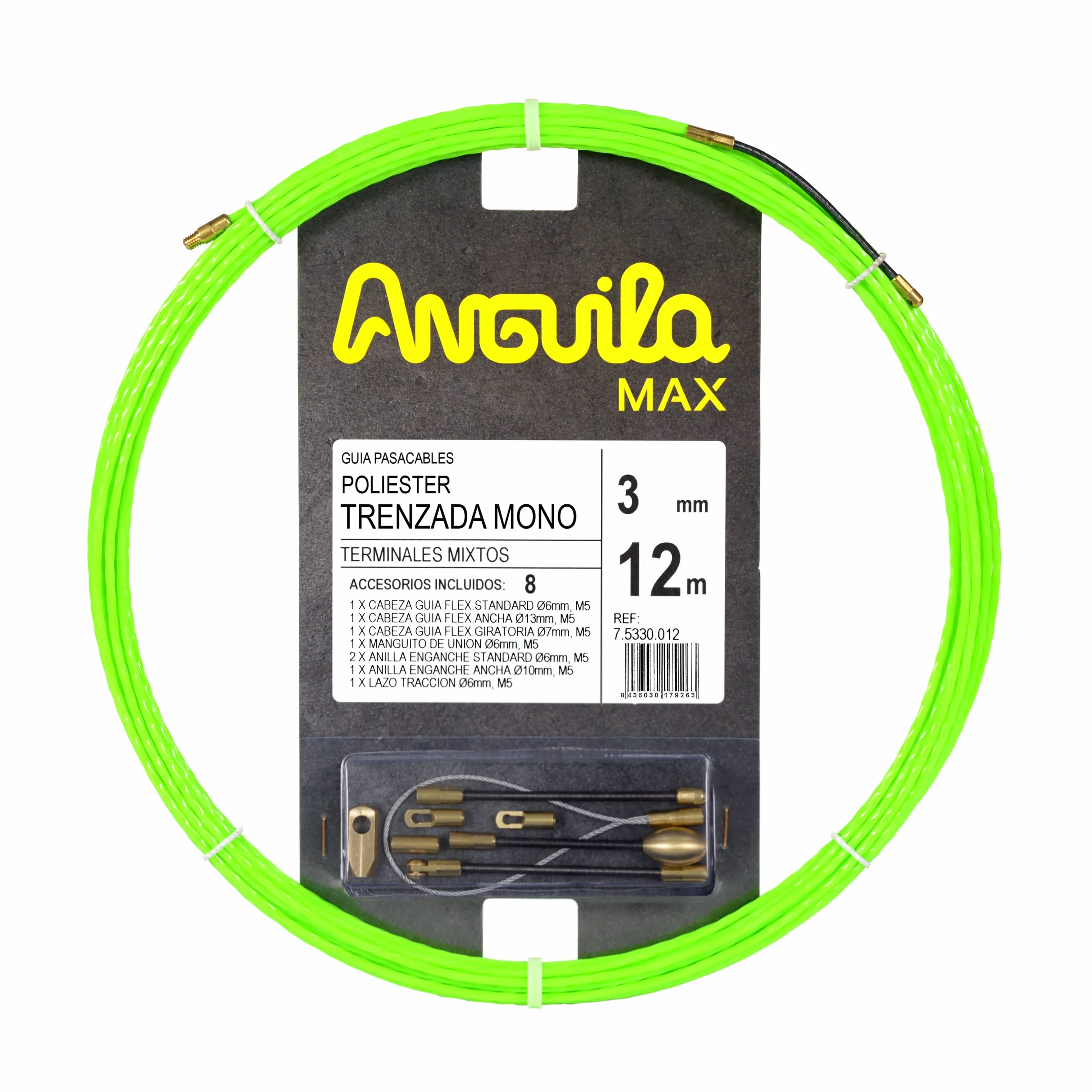 Anguila Max | Guía Pasacables | Tubos Estrechos | Monofilamento | Poliéster Trenzado | Terminales Mixtos | Color Verde | Diámetro 3mm | 12 metros