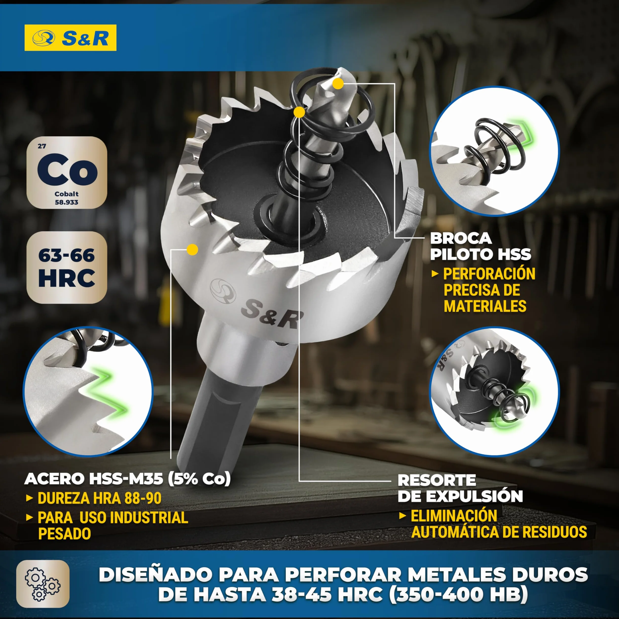 S&R Brocas Sierra Coronas Perforadora Metal. - Juego de 5 Fresas a Taza: 16 + 18,5 + 20 + 25 + 30 mm HSS Cobalto 5% - HRC 64-66