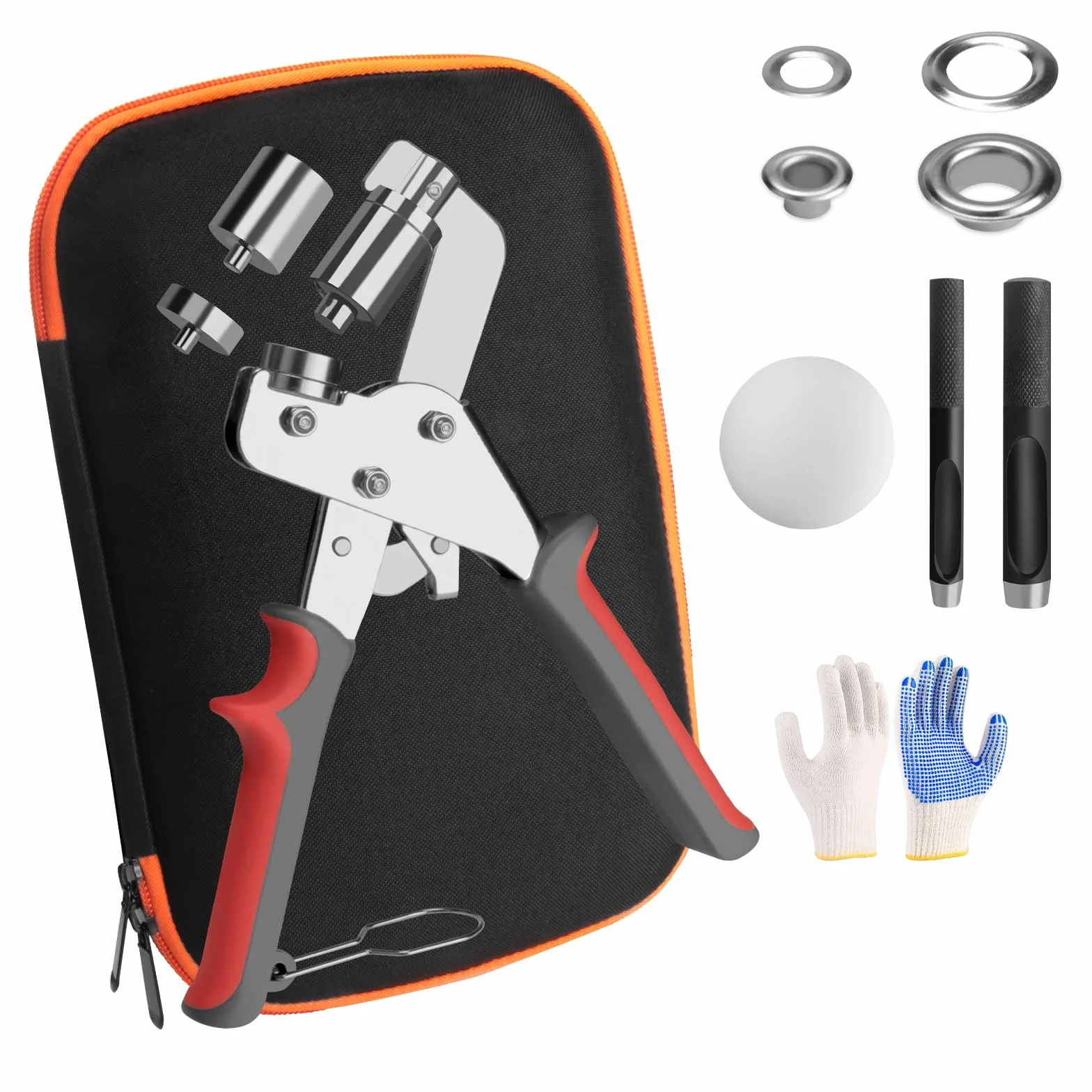 Kit de herramientas con ojales, con alicates de ojales de mano en dos tamaños, junto con 100 ojales plateados (10 mm) y 100 piezas (6 mm), herramienta de ojales para lonas, tela, cortinas de