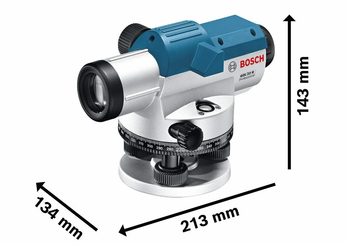 Bosch Professional Nivel Óptico GOL 32 G (aumento 32x, unit of measure: 400 Gon, unidad de medida: 400 Gon, alcance: hasta 120 m, regla graduada GR 500, trípode BT 160, en maletín de transporte)