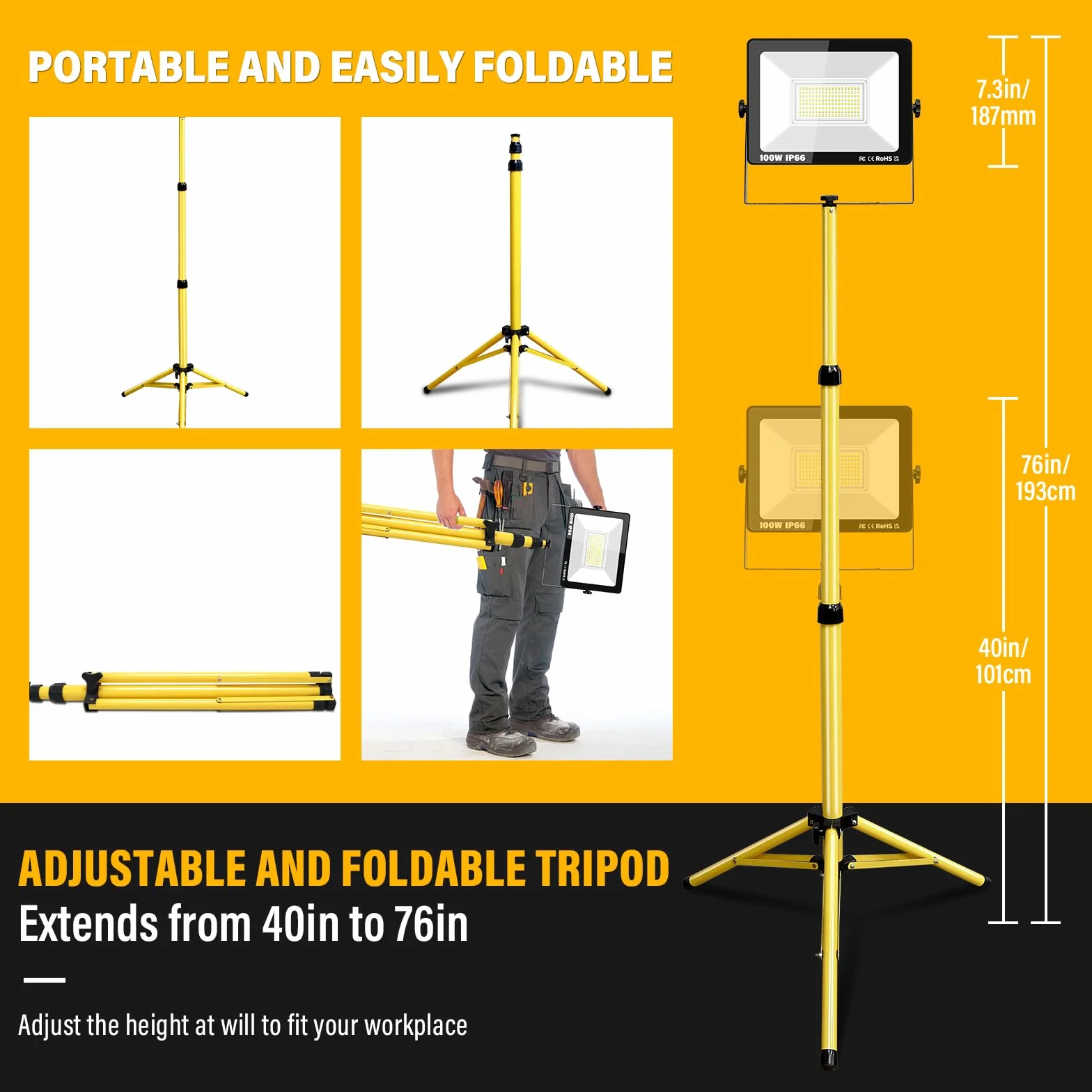 RIGIDON 100W 10000lm foco led trípode telescópico, luz de trabajo portátil | cable de 5 metros, altura ajustable de 102 a 193 cm, proyector led, para taller mecanico obra de construcción garaje jardín