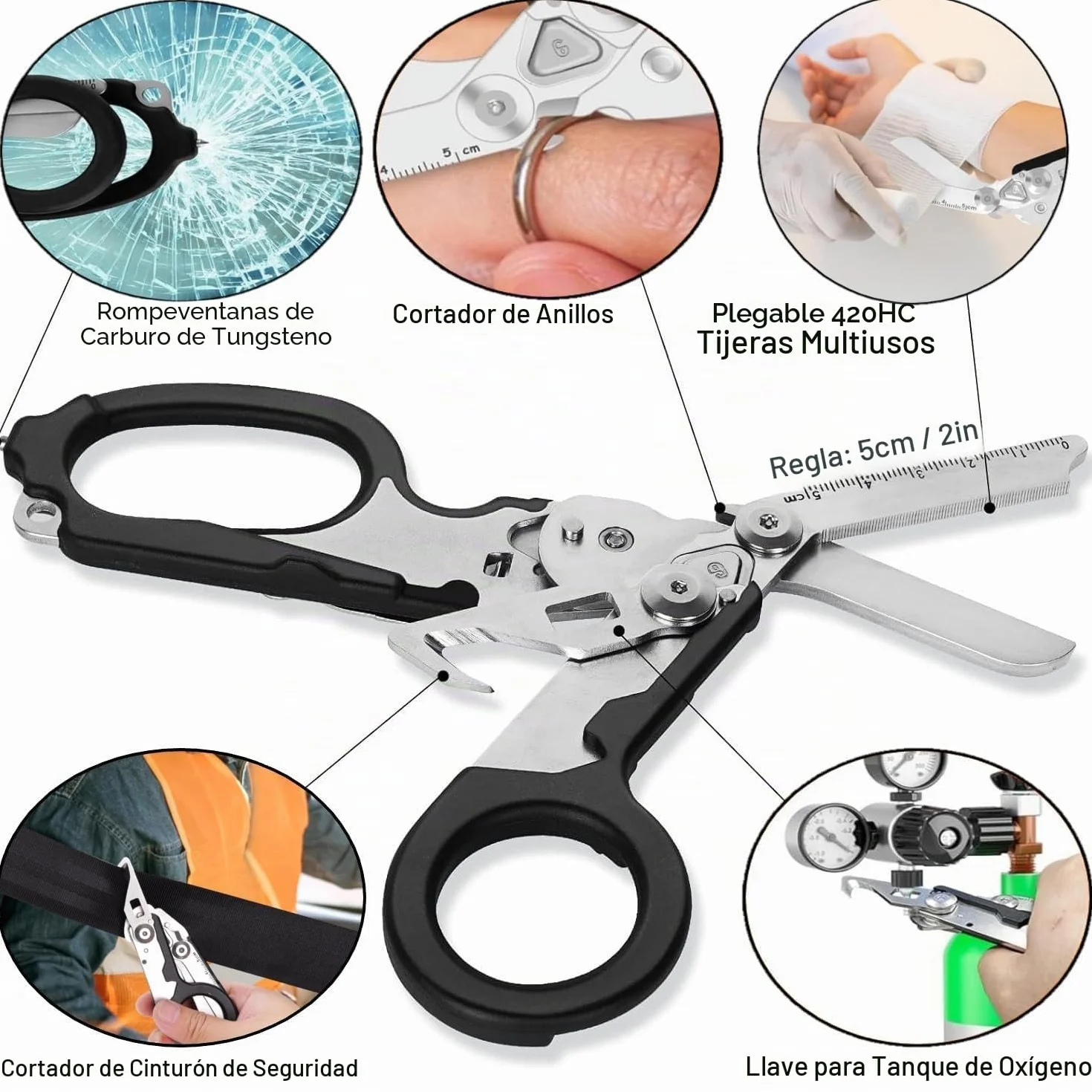 Raptor Response Tijeras de emergencia, tijeras de rescate multiherramienta con 6 funciones, tijeras plegables de acero inoxidable para uso profesional o tareas diarias
