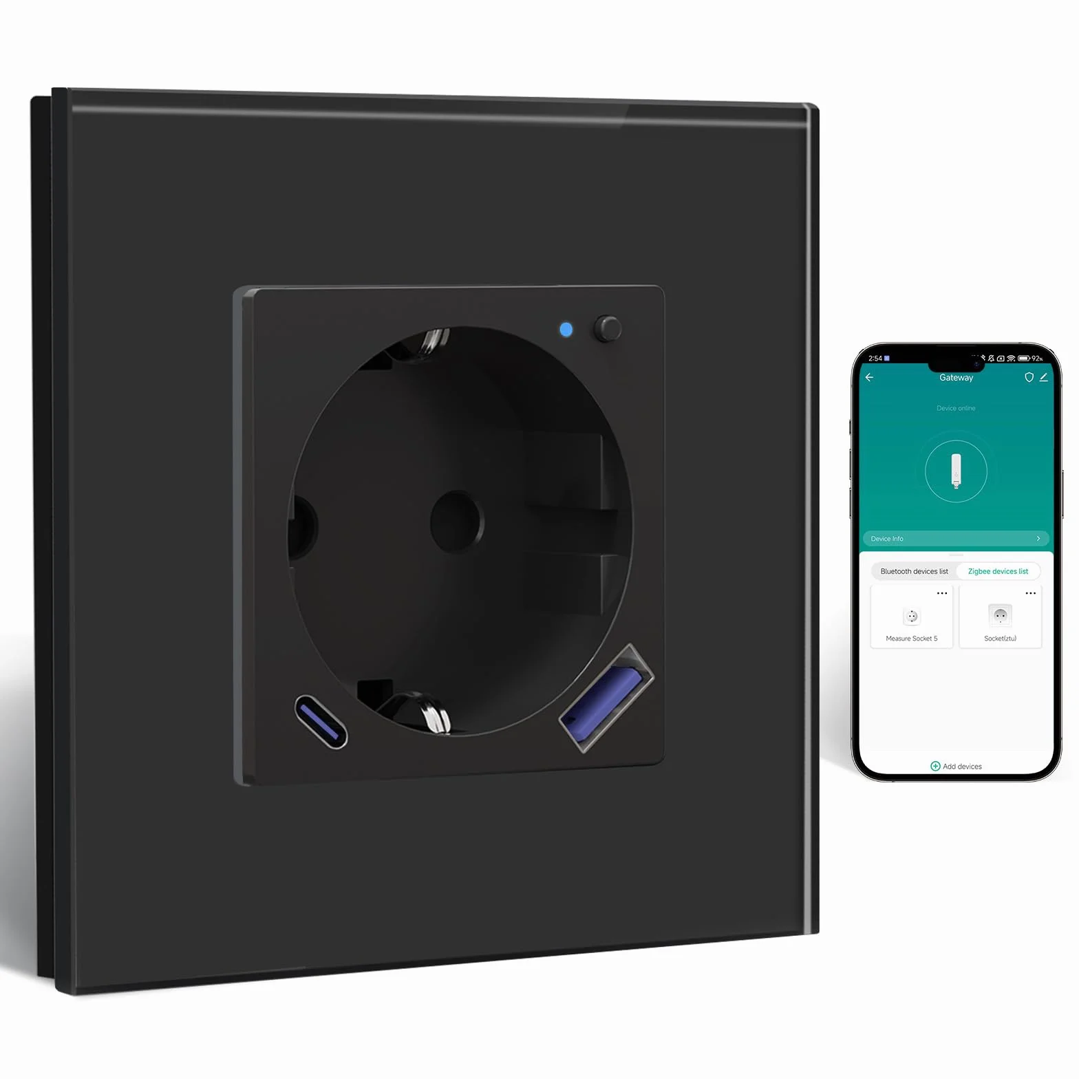 BSEED Enchufe ZigBee con Cargador Rápido USB C 20W con Medición de Corriente,Schuko WLAN Empotrada para Alexa/Google Home, Enchufe Inteligente 16A,1 Gang Negro(Requisito del Gateway Hub)