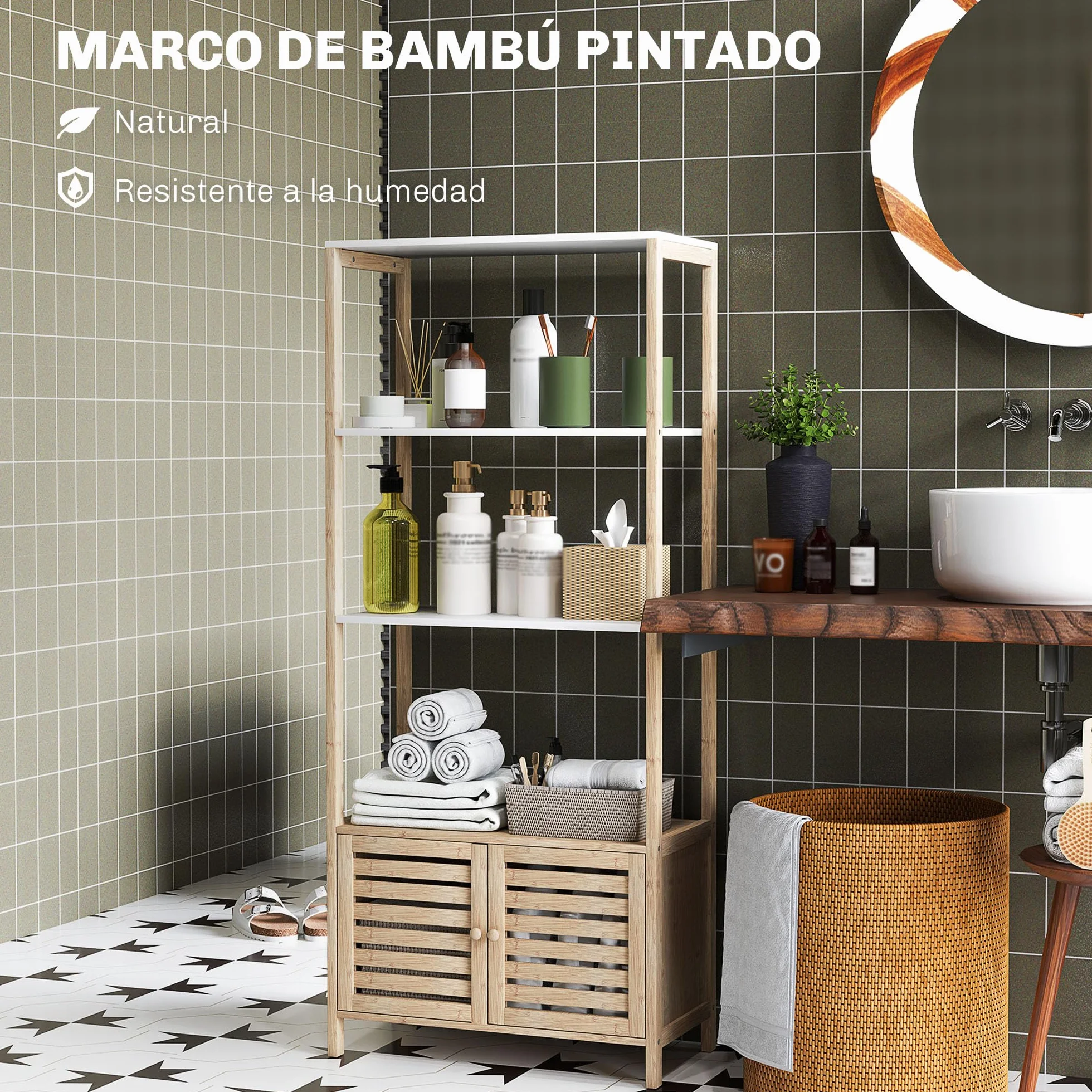 HOMCOM Estantería Baño Bambú 3 Estantes Abiertos Almacenaje Puertas Lamas 63x30x138 cm Natural Blanco