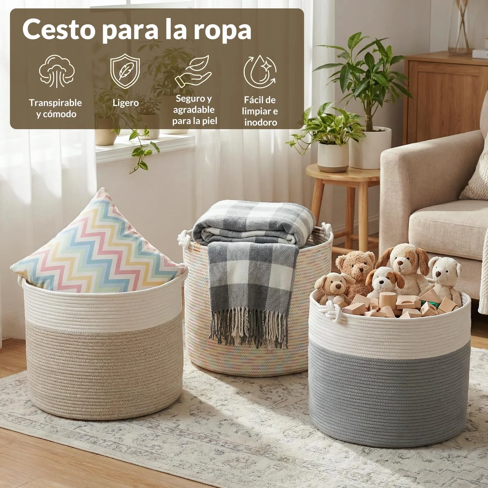 COSYLAND Cesto de Ropa Sucia de Cuerda de Algodón D50 x H35 cm – Cesta para la Ropa Sucia con Asas – Cesto Plegable para Mantas, Juguetes y Lavandería – Blanco Crema y Gris Claro