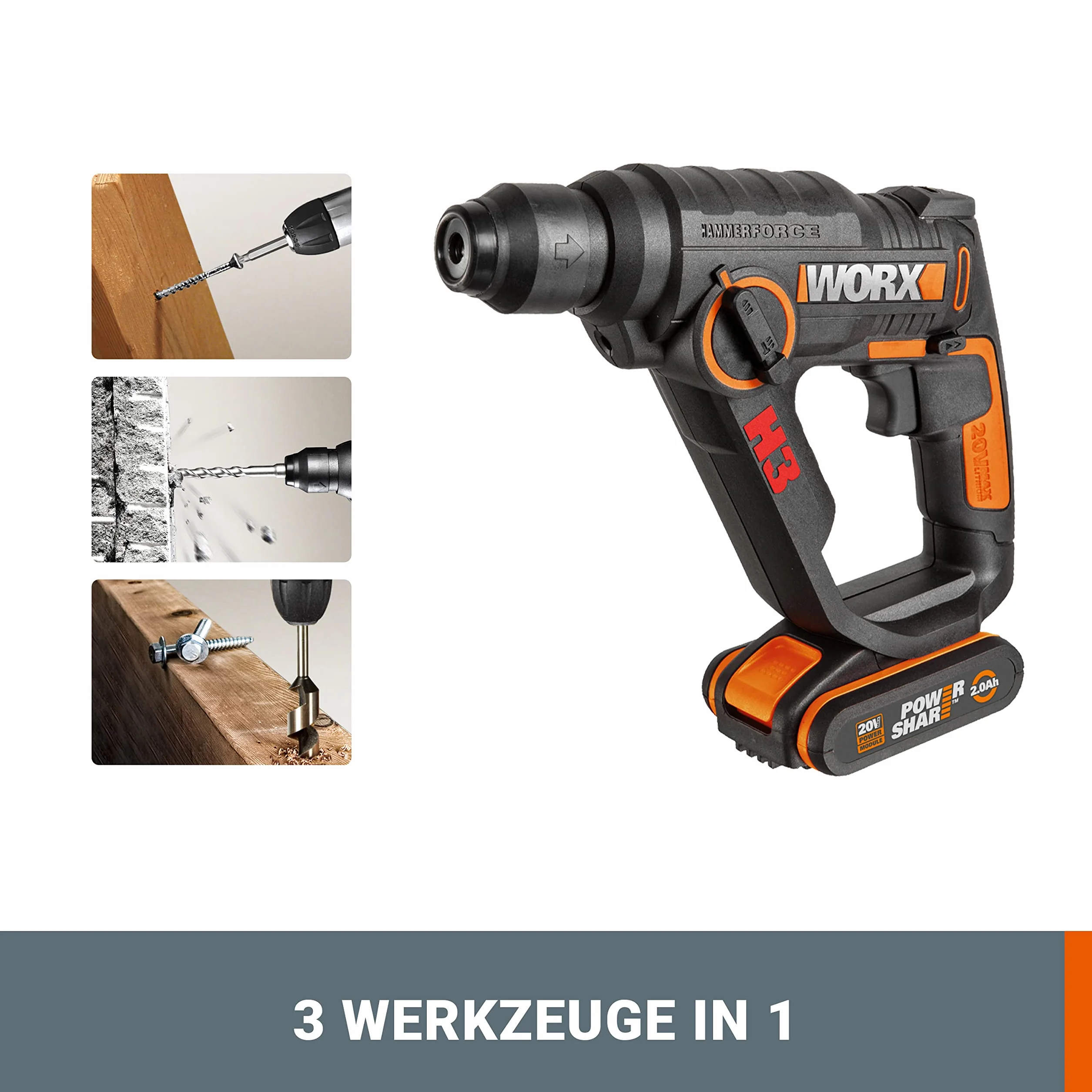 Worx WX390 - H3™Taladro/Atornilllador/Martillo 1 Bat. 20v-2,0Ah Li-Ion