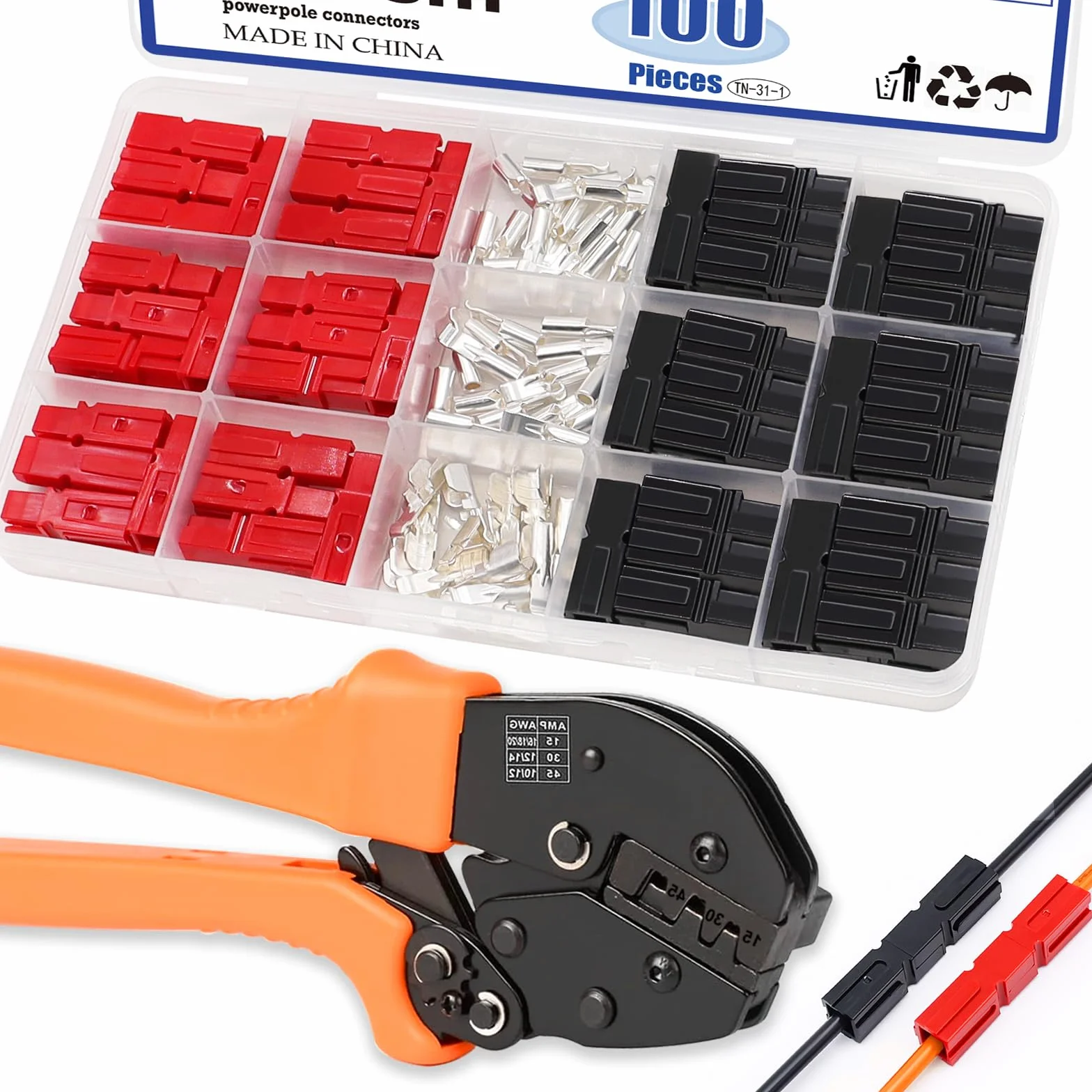 Tnisesm 100 conectores de alimentación de 15/30/45 amperios, AWG10-20 conector de batería de conexión de desconexión rápida, juegos de conectores de alimentación modulares con herramienta de crimpado,