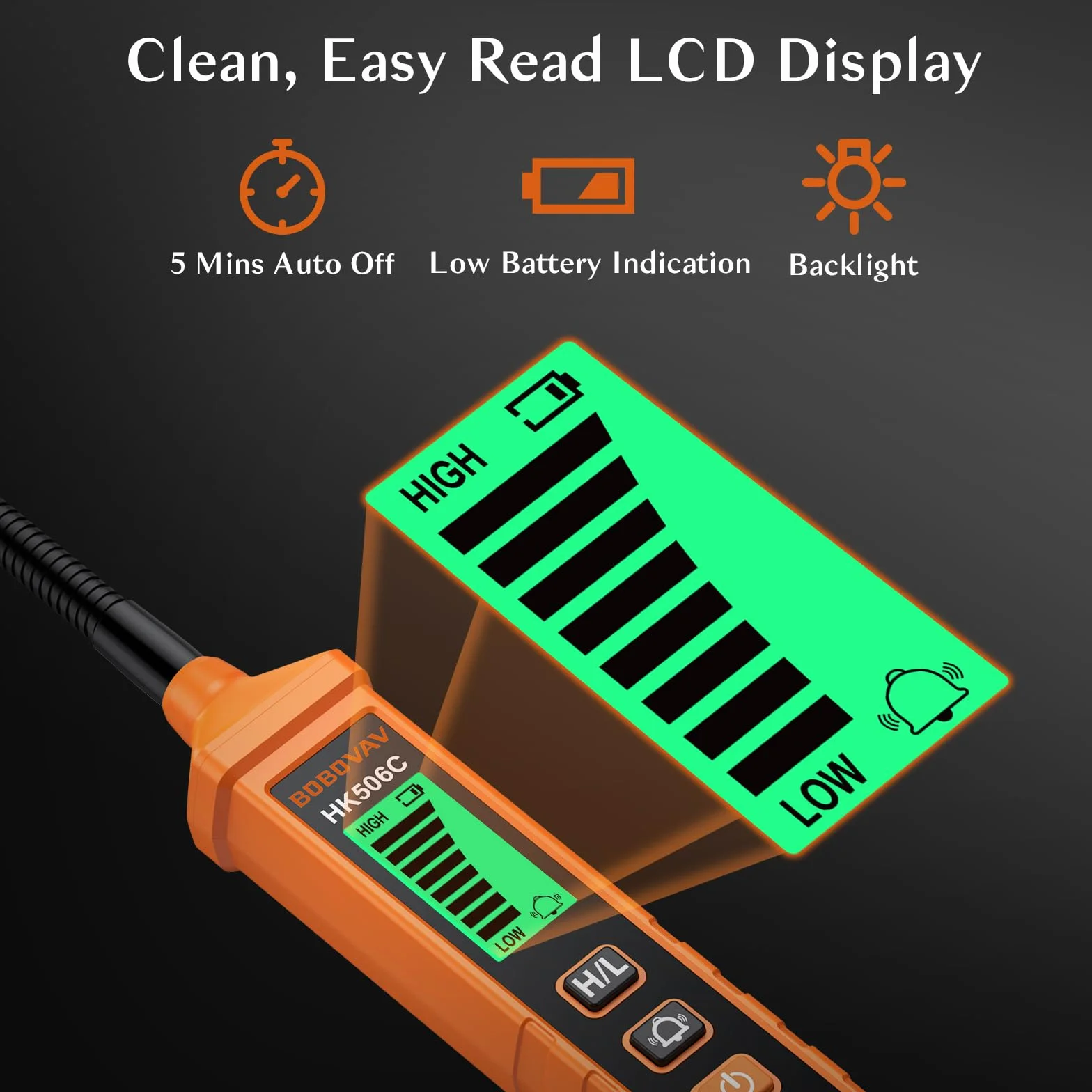 Detector de Gas Universal con Sonda 360° de 20cm, Doble Sensibilidad (300-10000ppm), Alarma Visual LED y Sonora (65dB), Modo Silencio, Tiempo de Precalentamiento 30s