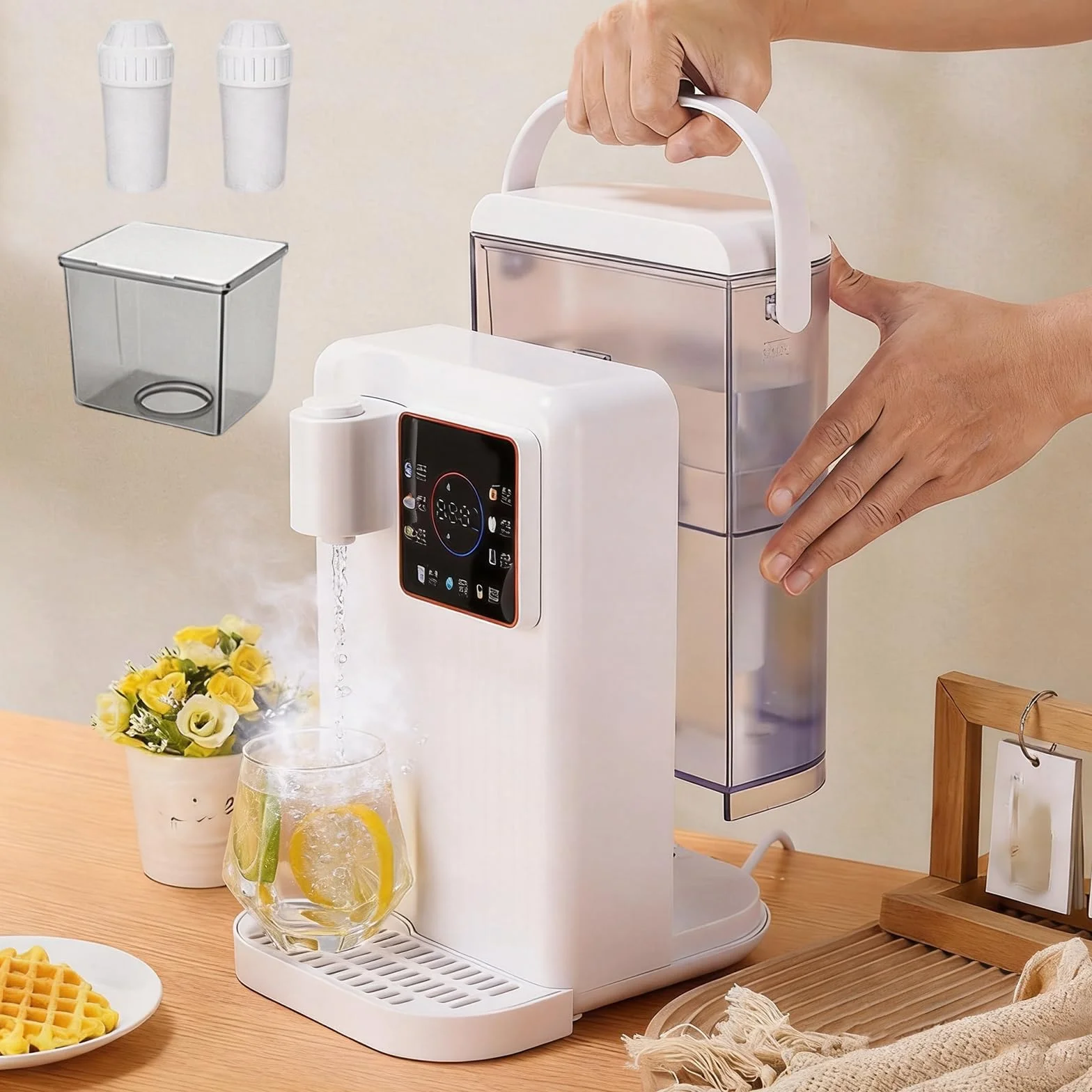 Dispensador de Agua, Estación de Agua 3L Dispensador Instantáneo de Caliente con 2 Filtro Instantáneo de Encimera con 6 Temperaturas Ajustables y 8 Volúmenes de Agua, Tanque Extraíble