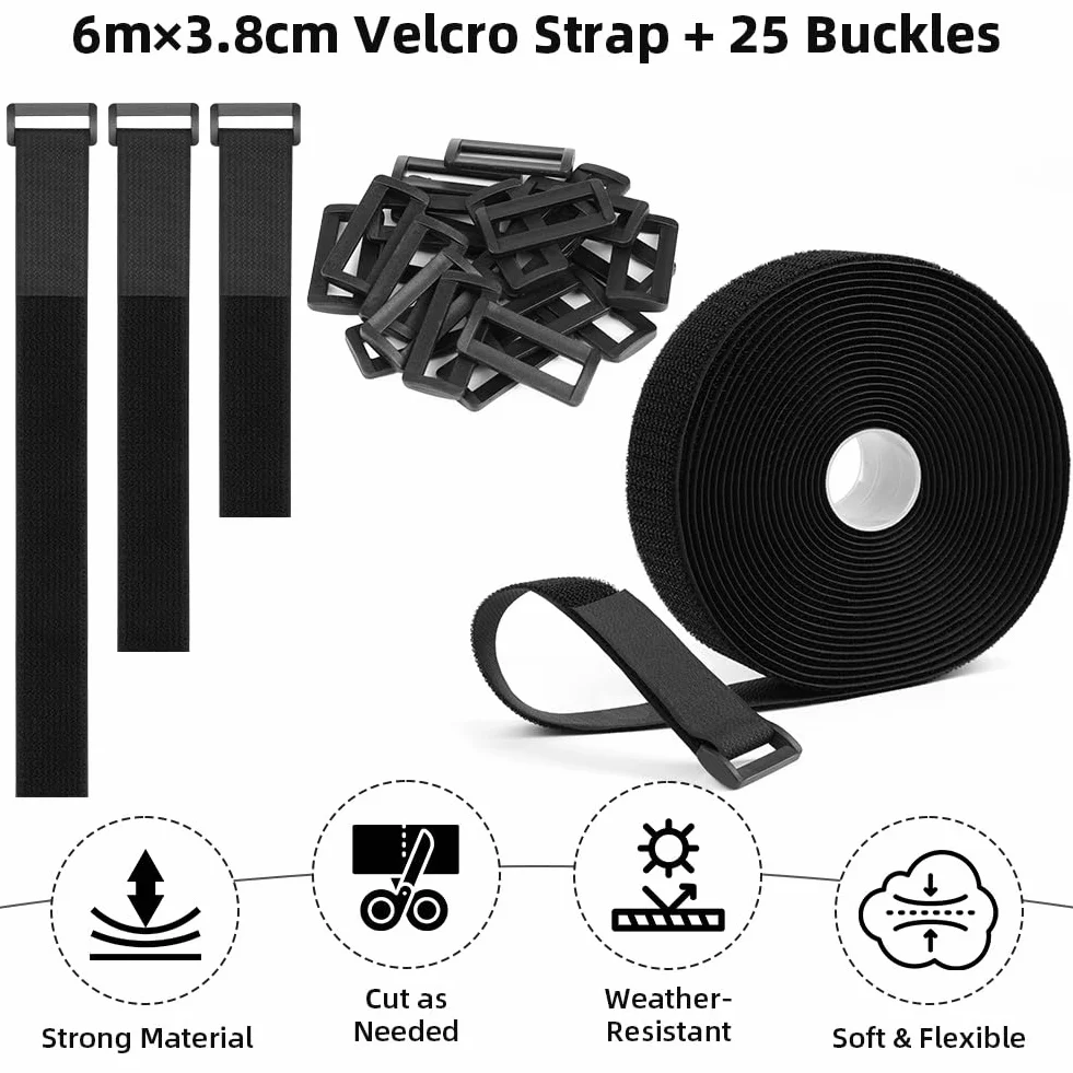 HOTUT Bridas Reutilizables para Cables de 6m x 3.8cm con 25 Hebillas, Ajustables de Nylon con Gancho y Bucle, Cortables a la Longitud Deseada, Cintas de Sujeción para Organizador Management de Cables