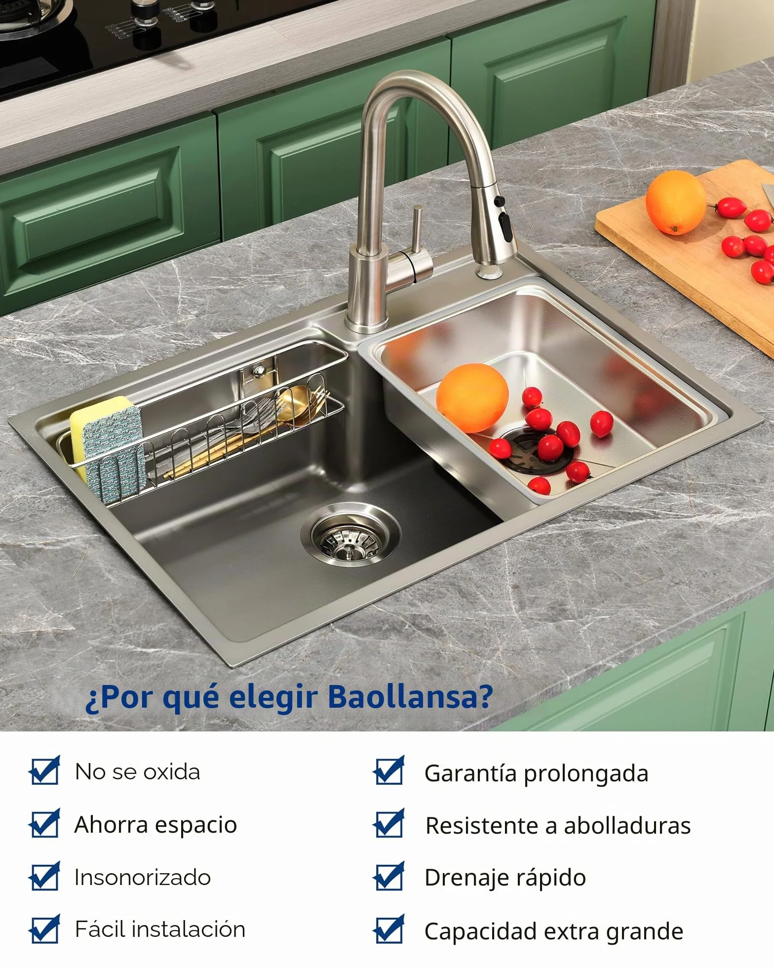 Fregadero de Cocina de Acero Inoxidable 68x46 cm, 1 Cubeta con Sifón, Desbordamiento y Accesorios de Vaciado, Fregadero Moderno Multifuncional para Encimeras > 80 cm (Plateado)