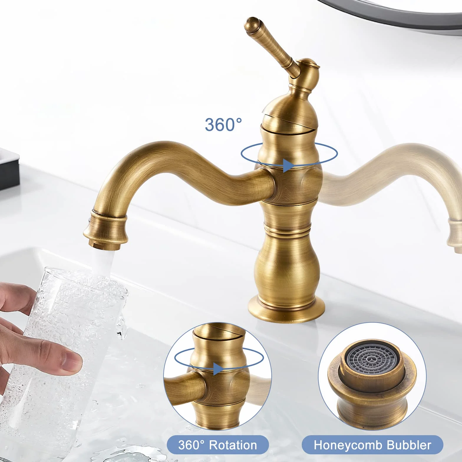 kisimixer Grifo Lavabo Vintage, Puede Girar 360 ° Grifo Monomando Lavabo, Grifo Baño Lavabo de Latón, Solo Agujero Grifo de Lavabo Baño Antiguo con Aireador, Acabado Dorado Estéril
