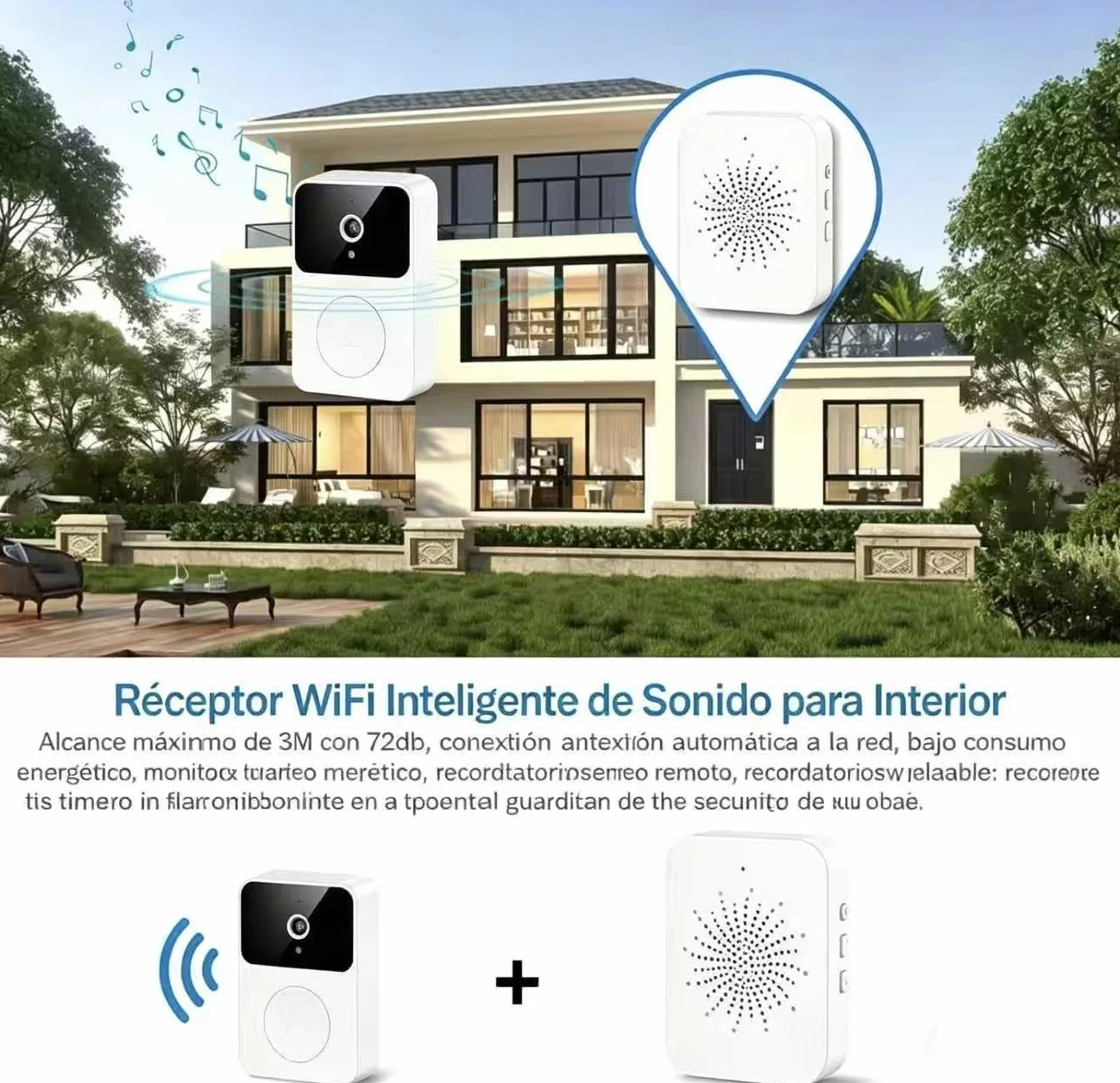 Timbre Inalámbrico Exterior con Cámara HD 1080P - Videoportero WiFi Visión Nocturna Audio Bidireccional