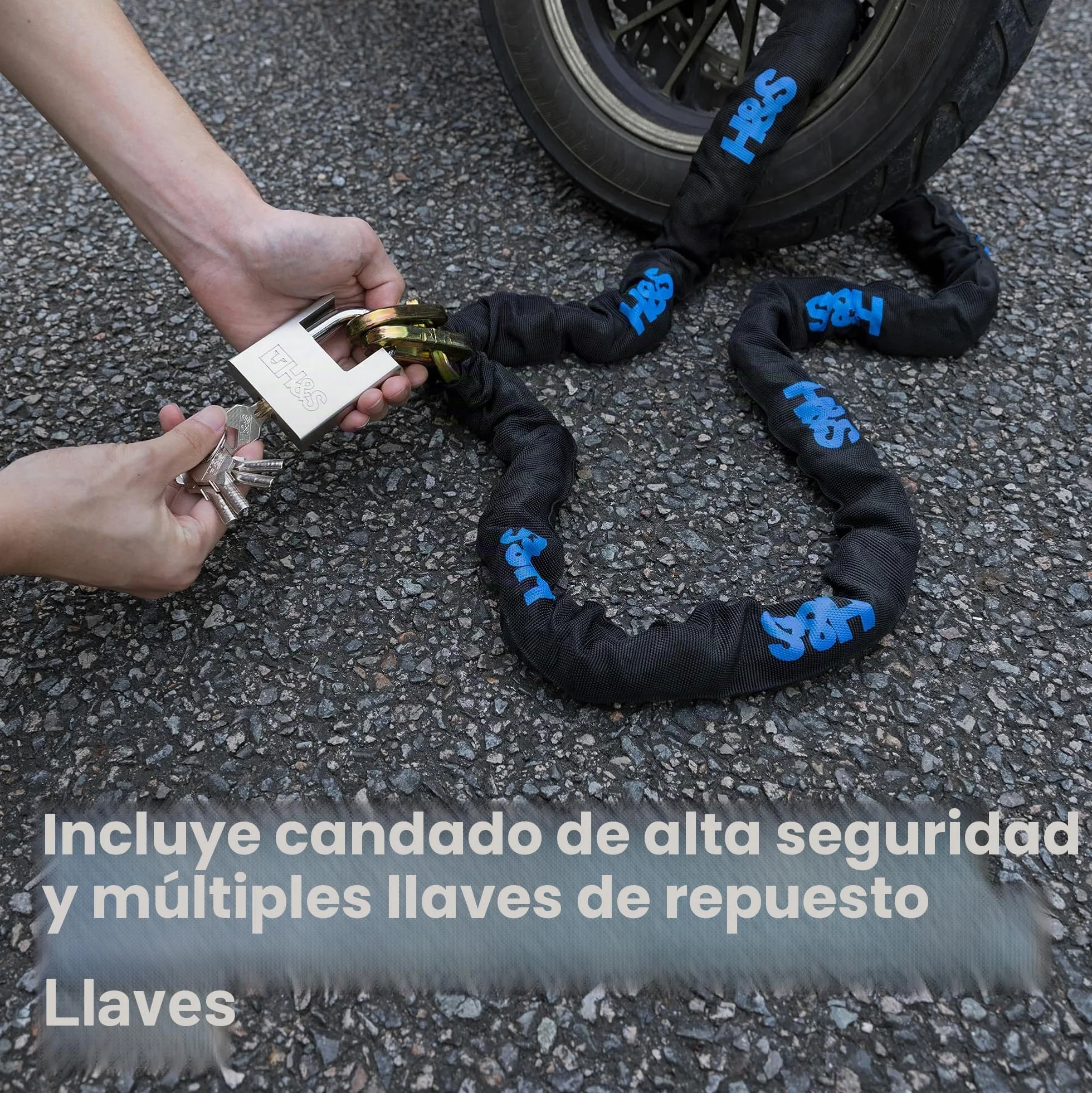 H&S Candado resistente para motocicleta con candado | 10 mm x 2 m | Candado para motocicleta y scooter con cadena de seguridad | Candado de bicicleta de 2 m de alta seguridad | Cadena fuerte y candado
