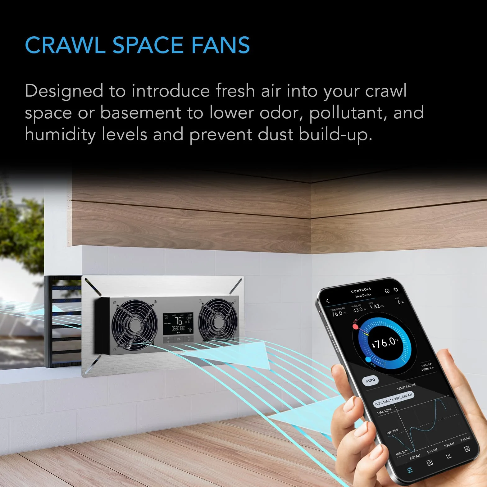 AC Infinity AIRTITAN T8-N, Ventilador para Sótano y Espacio de Rastreo, Compatible con Aplicación WiFi, Controlador de Temperatura y Humedad, Clasificación IP-55, Entrada
