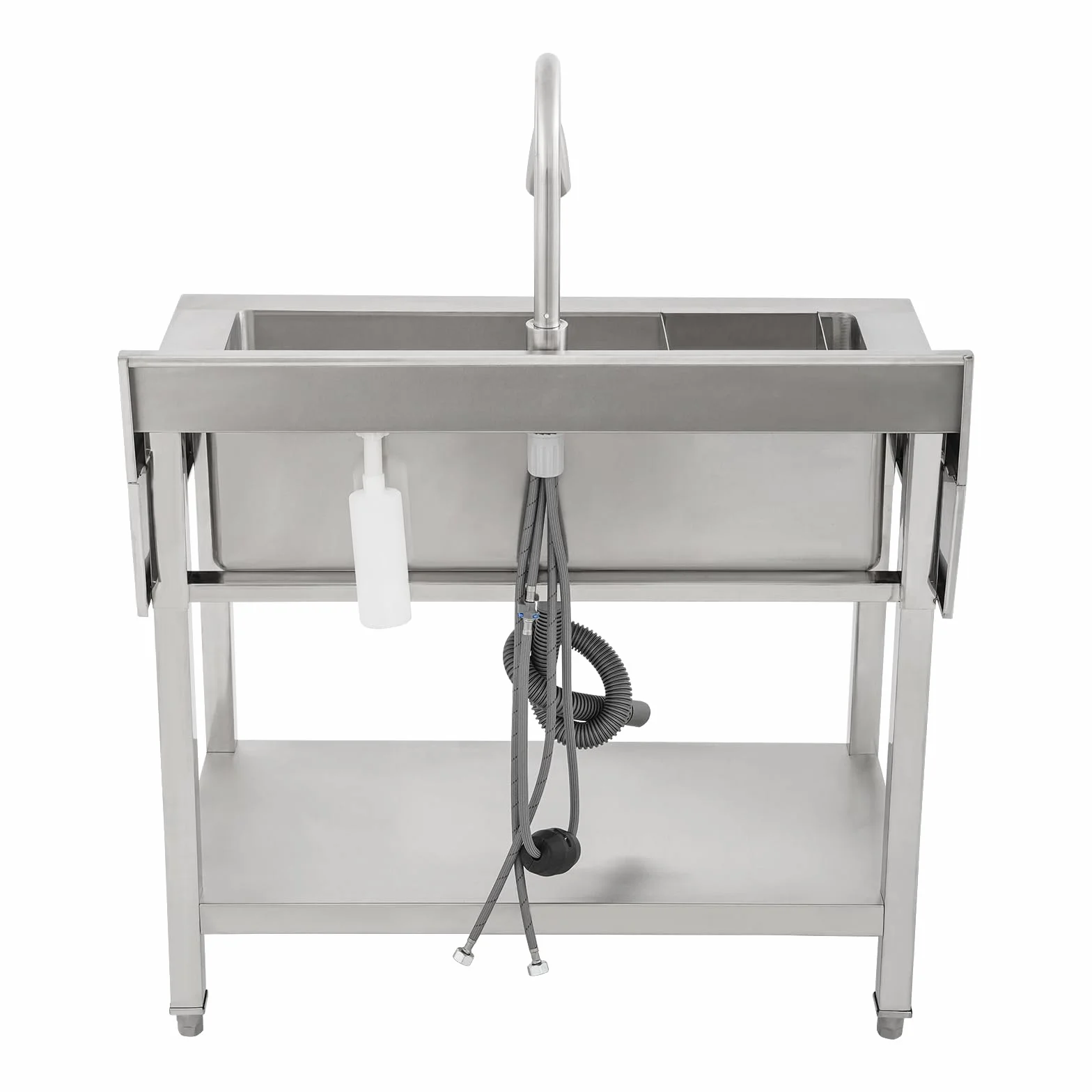 Fregadero de cocina de acero inoxidable independiente, 1 lavabo, fregadero de cocina comercial con grifo con mangueras de agua fría y caliente, fregadero para exteriores, para garaje, lavandería