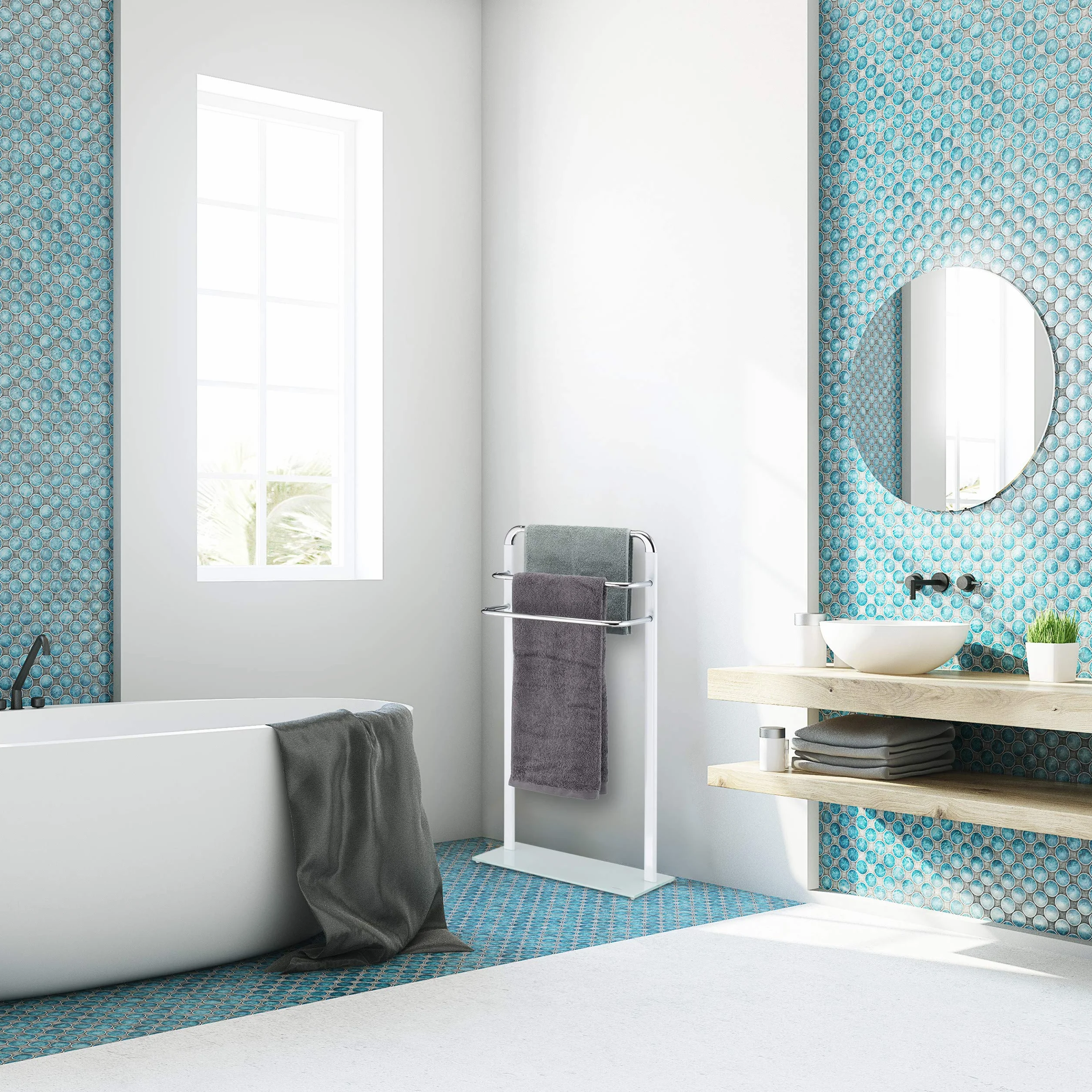 Relaxdays Toallero de Pie con 3 Barras, Metal Cromado-Cristal Esmerilado, Blanco-Plateado, 80x45x20 cm