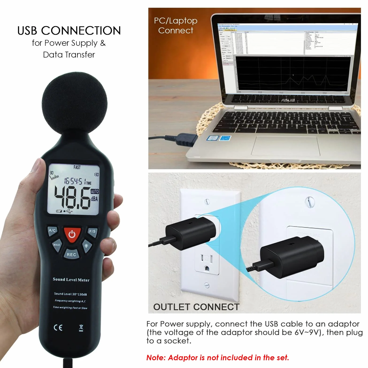 Instrumento Compacto Profesional Digital Sonido Nivel Metro Decibel con Retroiluminado Monitor Alto Exactitud Medición 30dB-130dB con Datos Grabar Función
