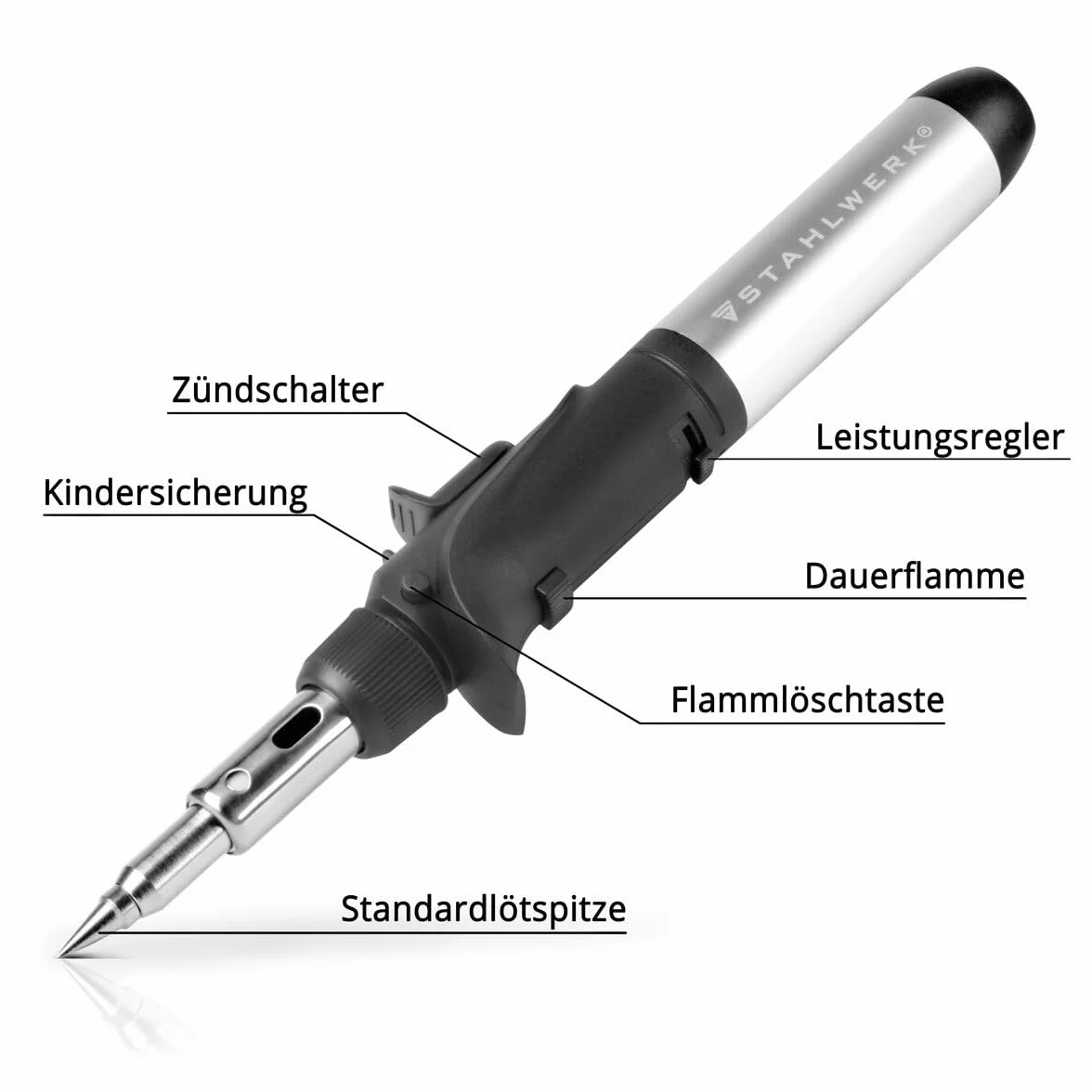 STAHLWERK soldador de gas GLK-500 ST Juego de soldadura de gas 3 en 1 de 10 piezas pistola de soldar con 200-500°C de temperatura de soldadura y boquilla de llama de 1.300°C para aire caliente