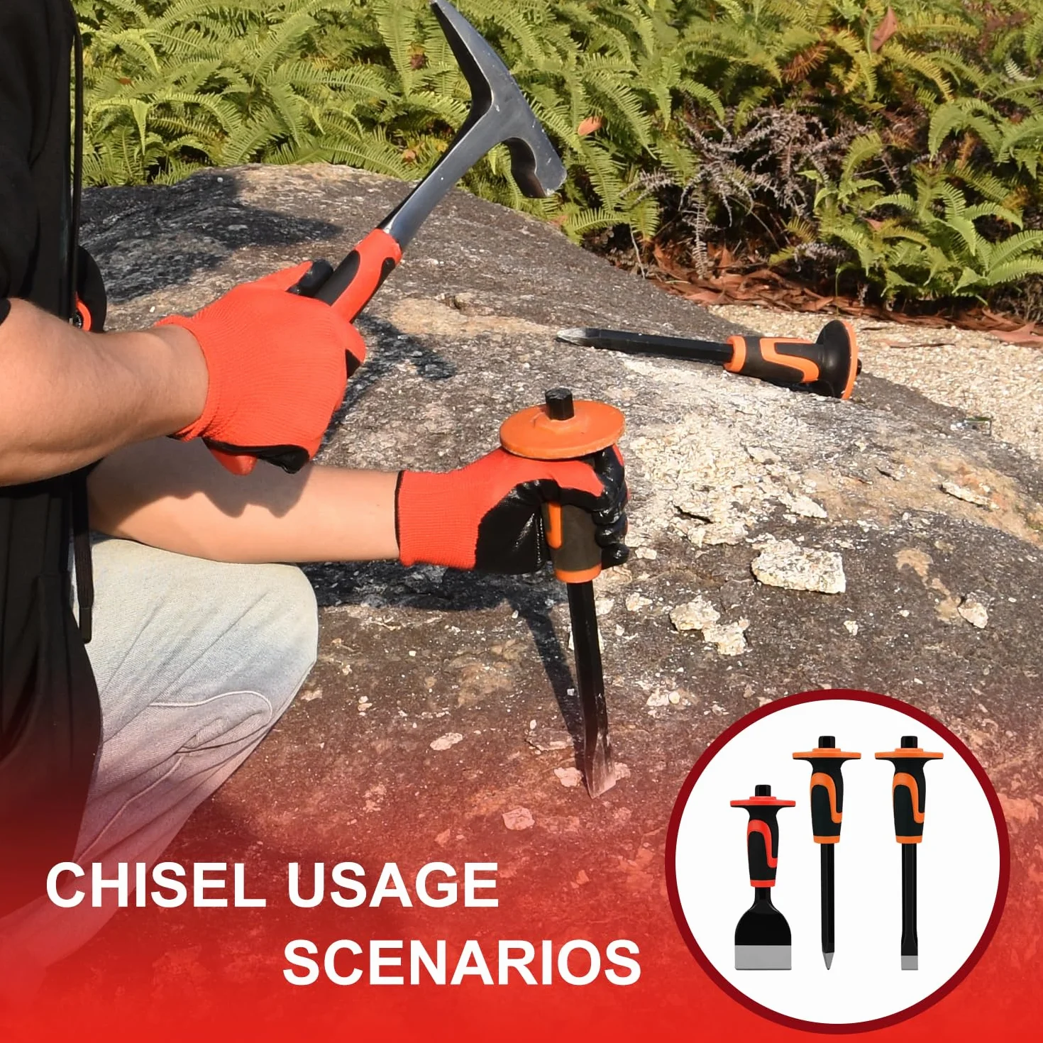 Airless SJG Juego de 3 Cinceles de Albañil Con Salvamanos y Protector, Cincel de Ladrillo, Cortafríos Con Protección (240mm/300mm/300mm)