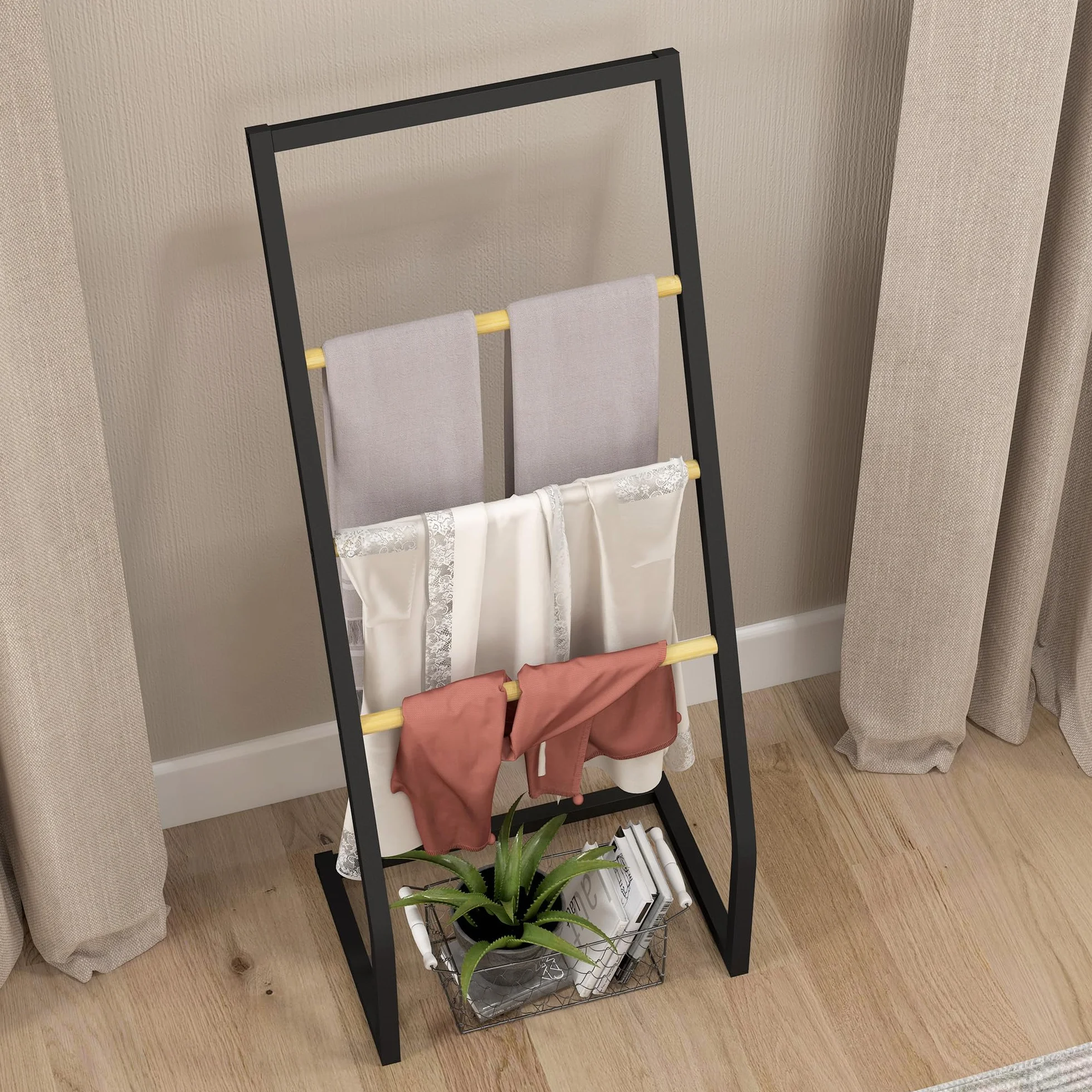 HOMCOM Toallero de Pie Toallero para Baño con 4 Barras de Bambú y Acero para Lavadero 40,5x28x98 cm Negro y Natural
