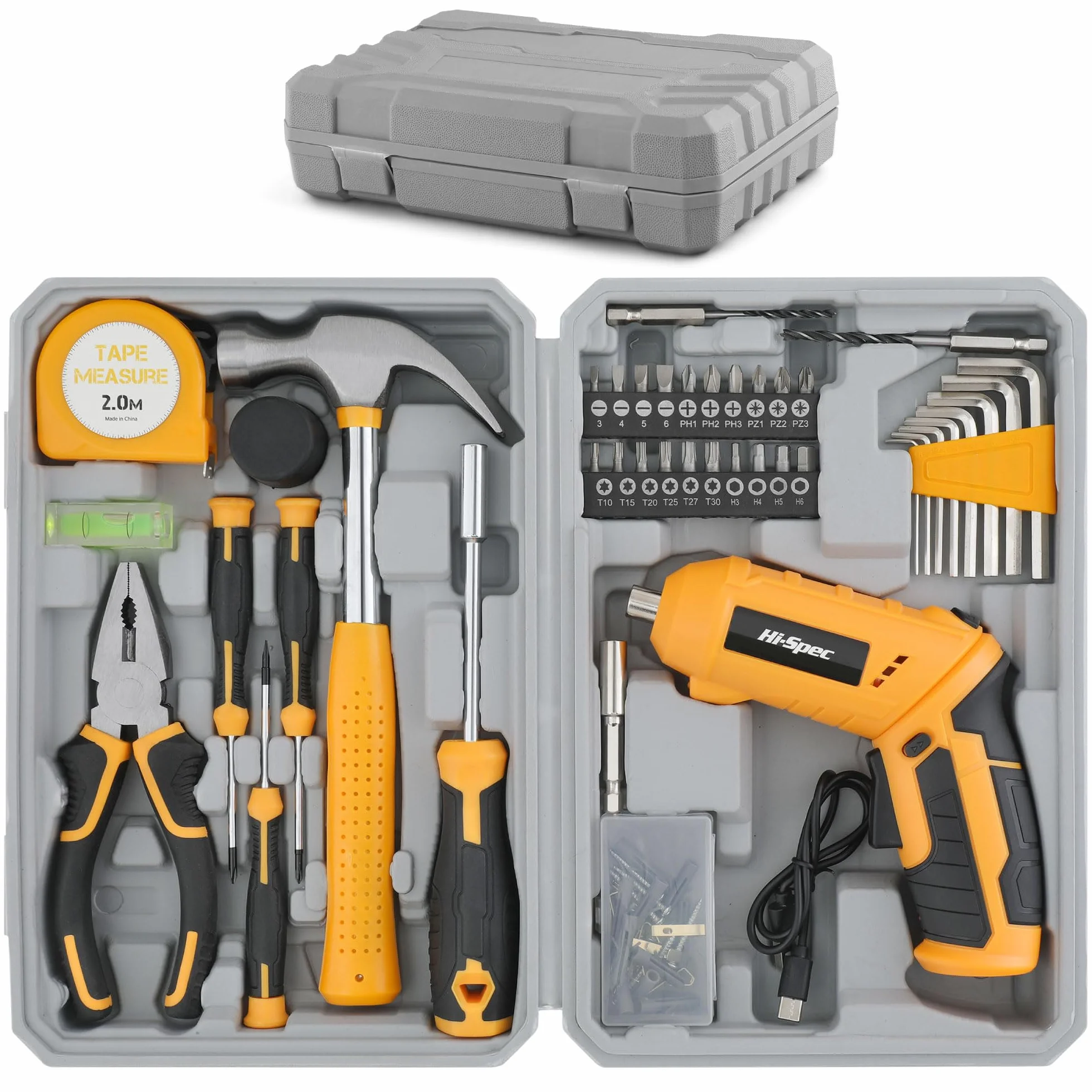 Hi-Spec 42 piezas 4V USB Destornillador eléctrico y juego de herramientas para el hogar conjunto con destornillador inalámbrico y herramientas manuales organizadas en una caja compacta