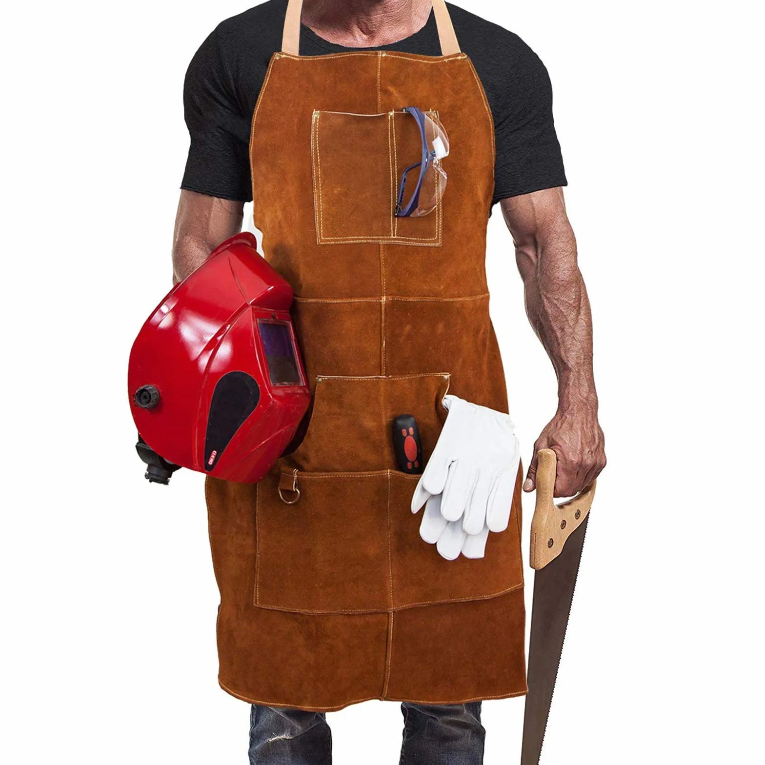 EMSea Delantal de Soldadura de Bolsillo Cuero de Vaca con Hebilla de Liberación Rápida Longitud Ajustable para Hombres Y Mujeres - 90x60 Cm (marrón Oscuro)