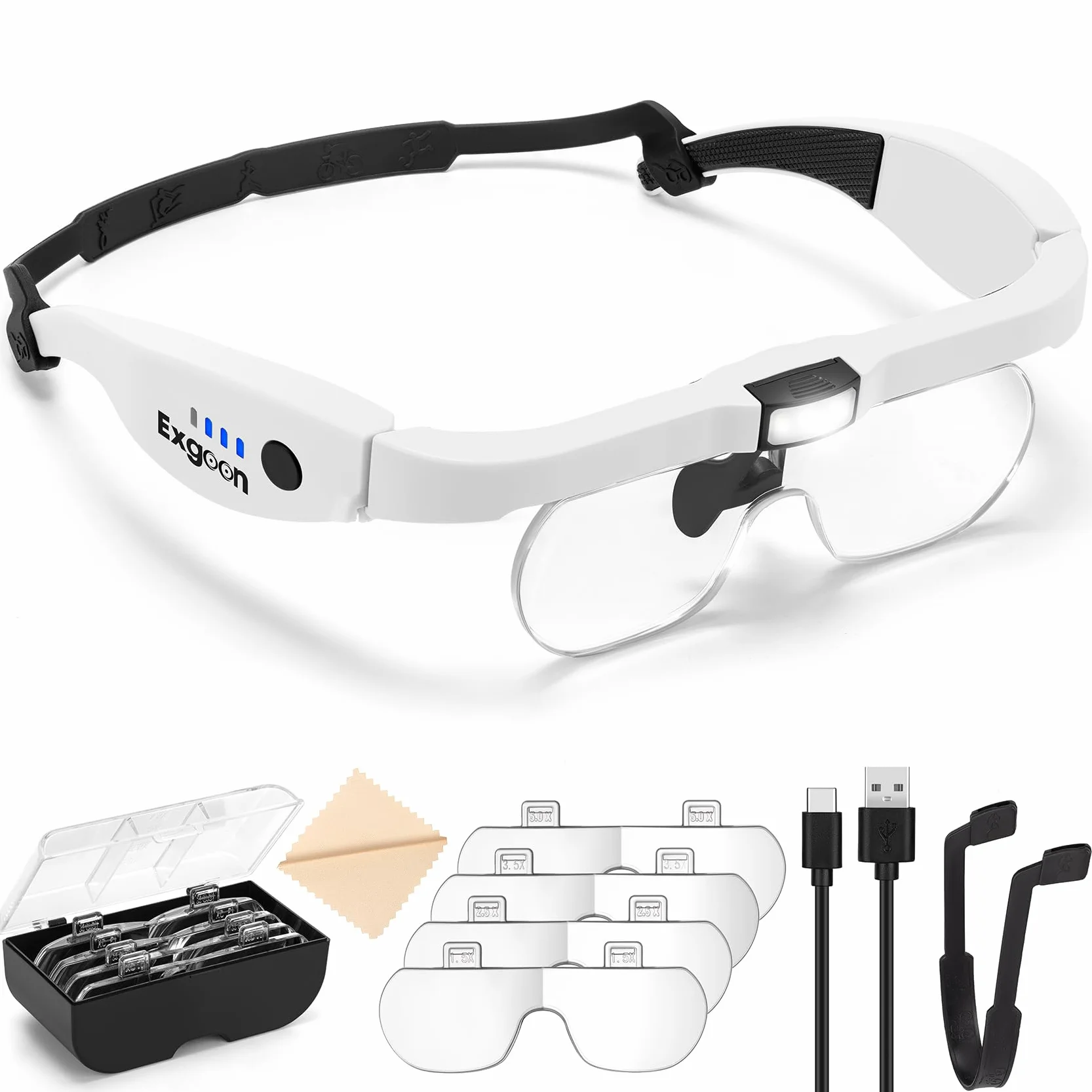 Gafas Lupa con luz led, Aumento de 1.5X a 5X con 4 Lentes reemplazables, Lupa Recargable Manos Libres con luz para Manualidades, Pintura de Diamantes y joyería (Blanco)