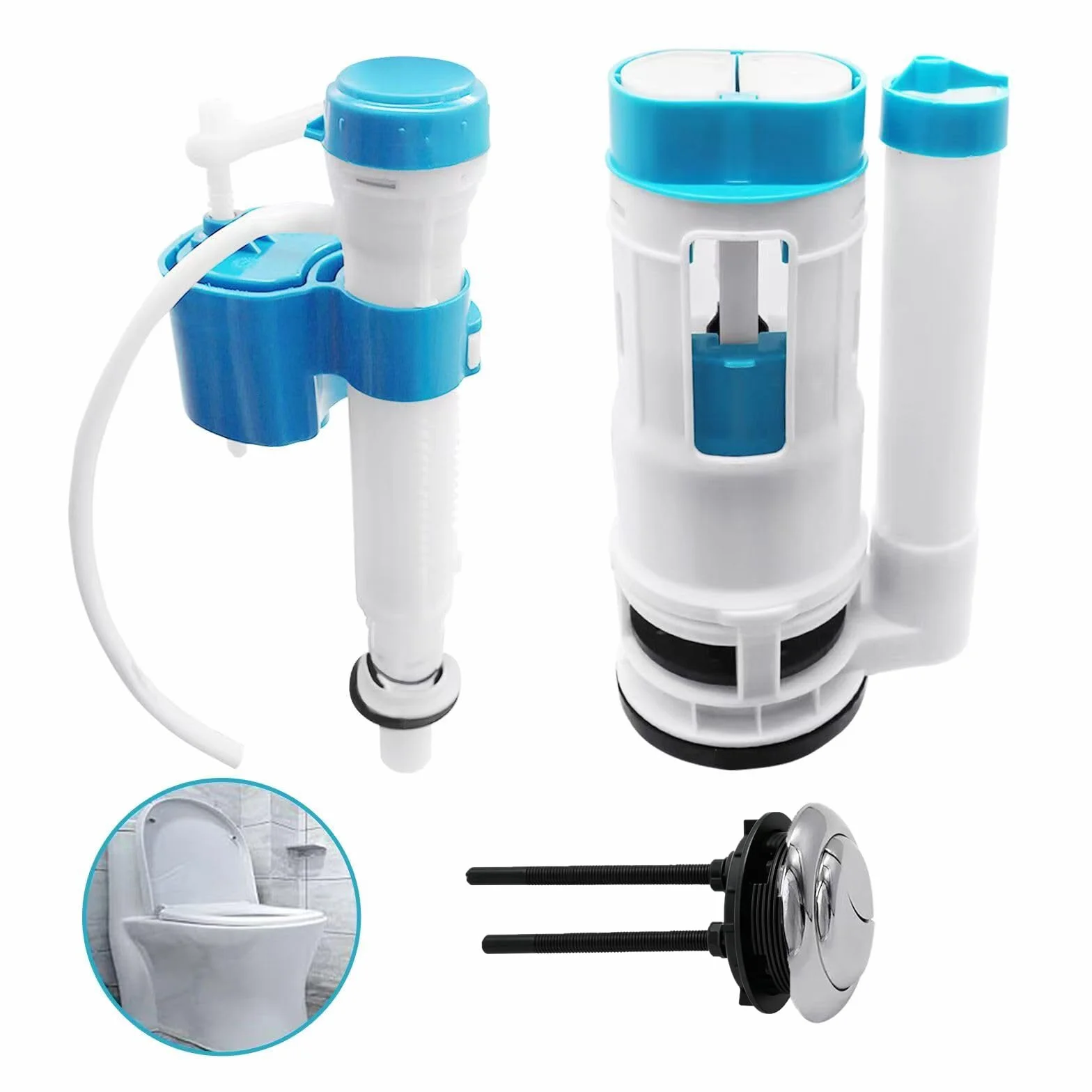 Sistema de descarga de inodoro de repuesto, Wieat Kit de cisterna de inodoro de doble descarga, botón pulsador para baño doméstico, válvula de llenado ajustable azul, adecuado para depósitos con una