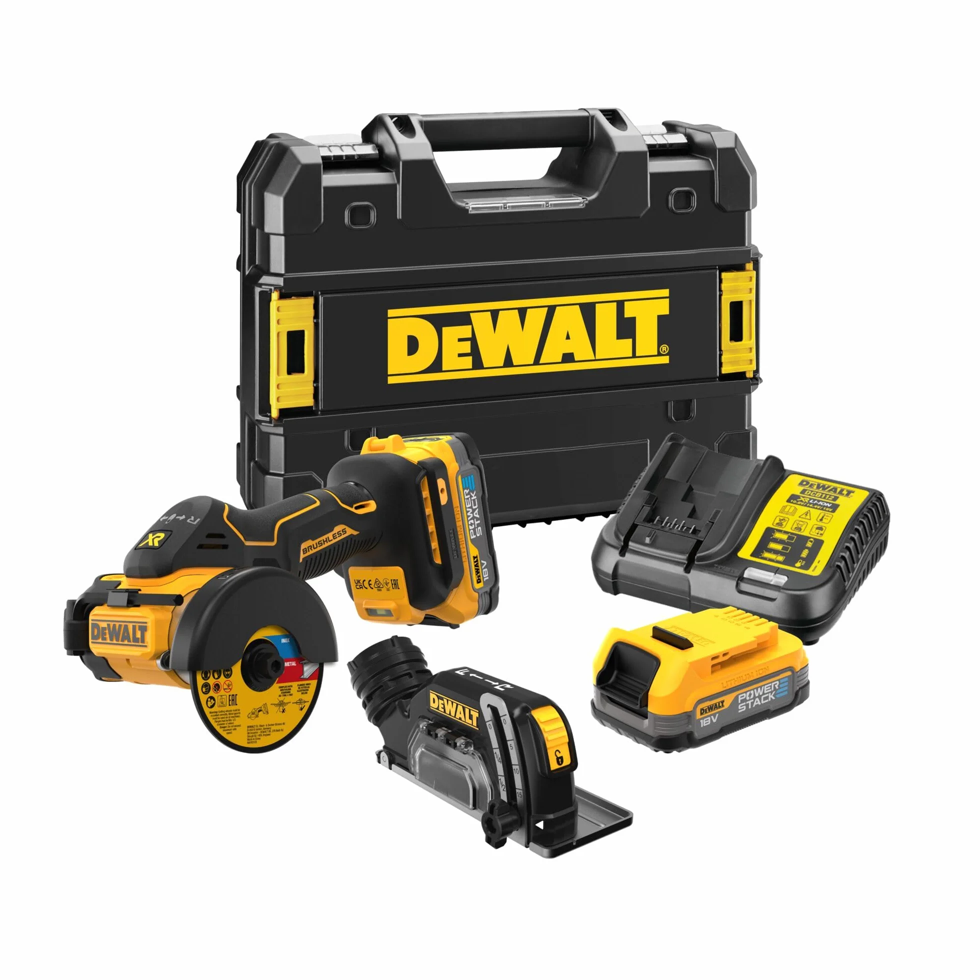 DEWALT DCS438E2T-QW - Cortadora multimaterial 18V Powerstack, Ø de disco 76mm, Motor sin escobillas, M10, Incl. cubierta protectora, 3x discos de corte, 2x baterías Powerstack de 1,7 Ah, Cargador