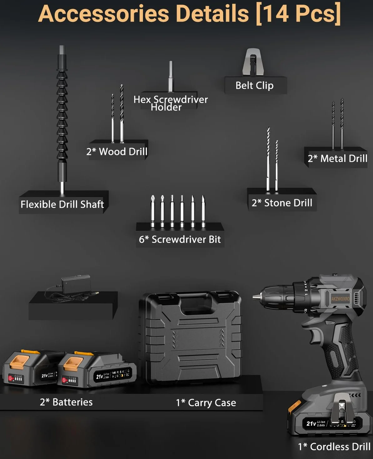 Taladro Percutor a Bateria 21V, Sin Escobillas Taladro Atornillador Bateria con 2x2.0Ah Baterías, Atornillador Electrico 45N.m, 20+1 Ajuste de Par, 14 Accesorios, 2 Velocidad, Gris (Gris)