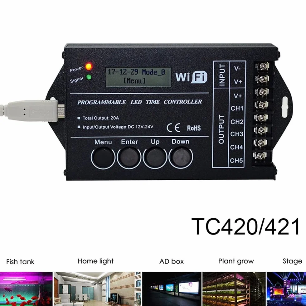 DC 12 V 24 V WiFi RGB Time Programable LED Controller TC421 5 canales 20 A ánodo común programable LED Strip Dimmer