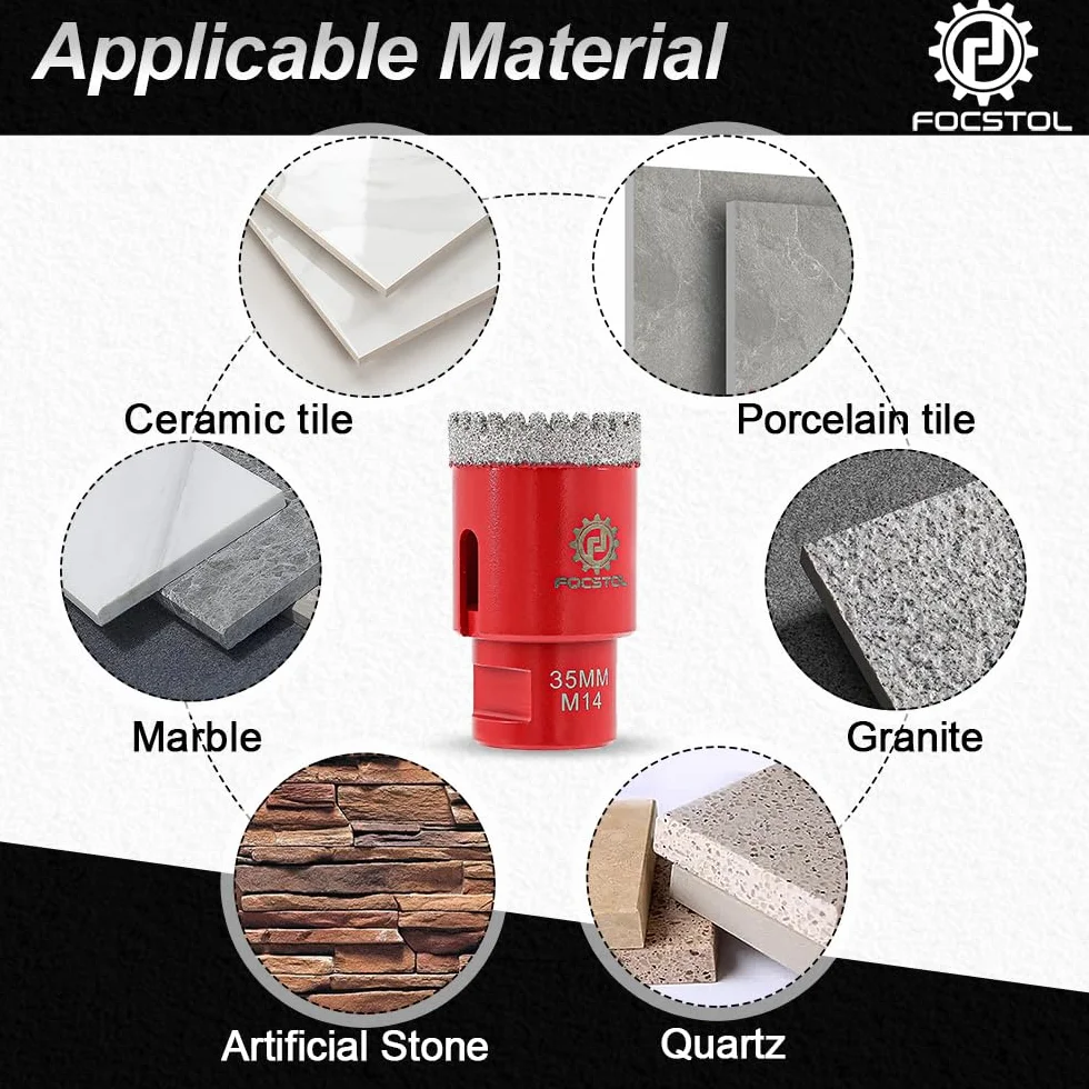 Brocas Diamante para Porcelanico 35mm - FOCSTOL Broca Corona Diamante para Gres Porcelánico Mármol Granito M14 Rosca para Amoladora Angular