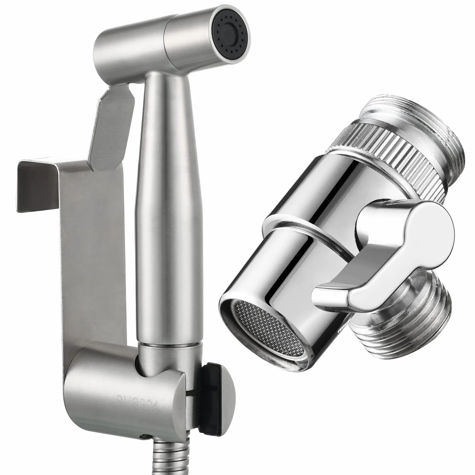 Tecmolog Kit Ducha de Lavabo Acero Inoxidable Ducha Bidet Portatil para WC Mano Grifos de Bidé Shattaf con Soporte Ducha, Valvula Desviadora y Manguera Ducha 2m, WS024F7