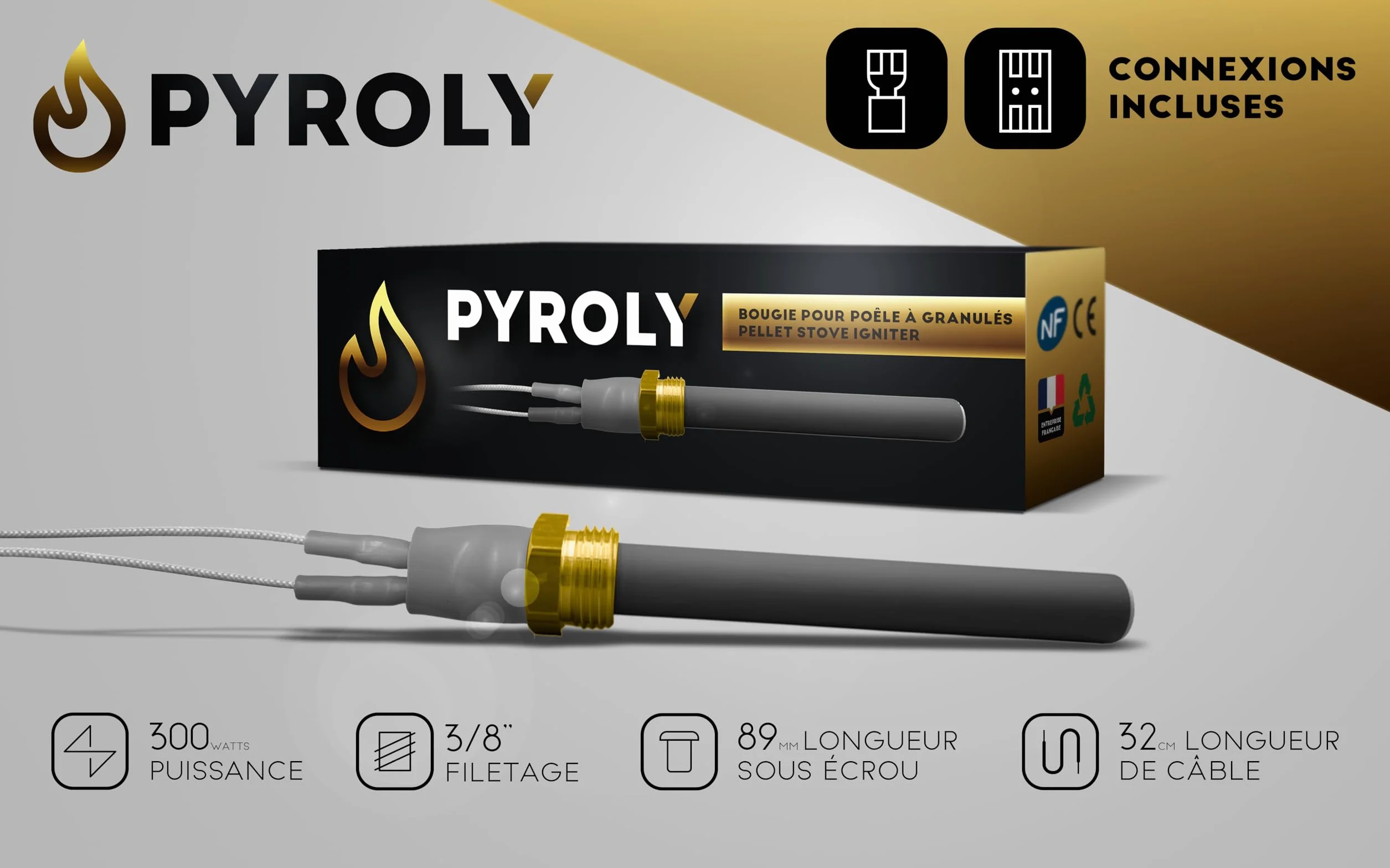 Bujía de cerámica de encendido para estufa de pellets compatible con JOLLY MEC/SKIA/EXTRAFLAME/BESTOVE/DEVILLE/HAAS+SOHN - Tuerca 3/8-300W - Alta calidad con conectores