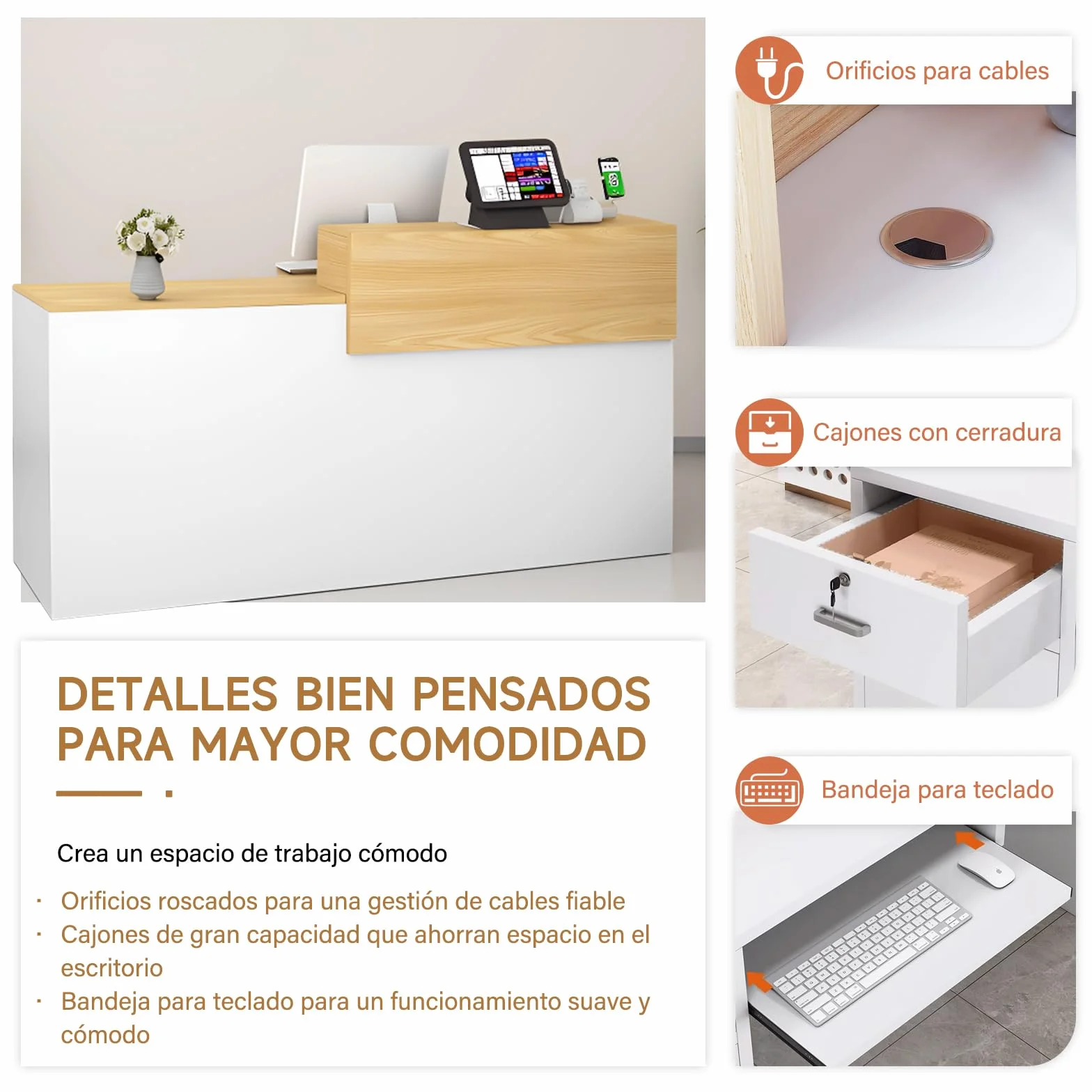 Mostrador de Recepción Moderno de MDF 100-240 cm con Cajón y Estantes Abiertos Mueble de Oficina